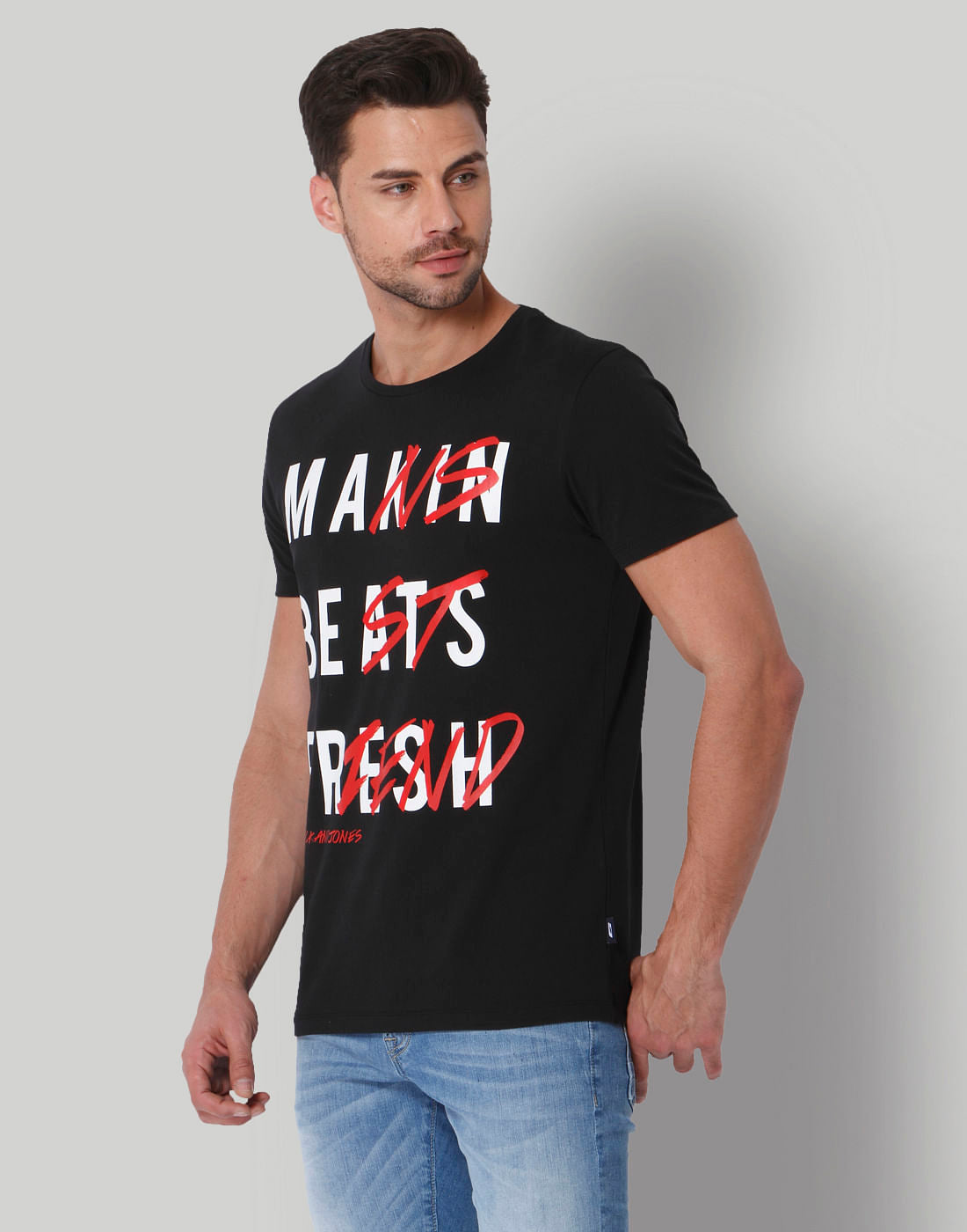 Black Text Print Crew Neck T-Shirt