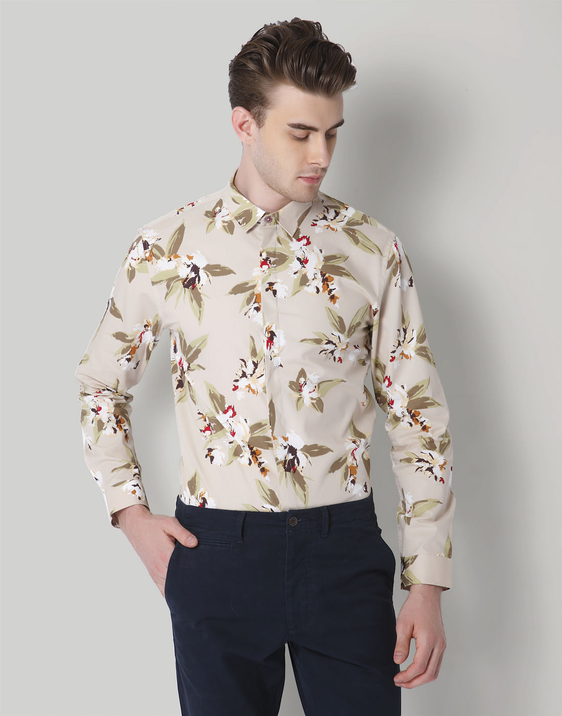 Beige Floral Print Shirt