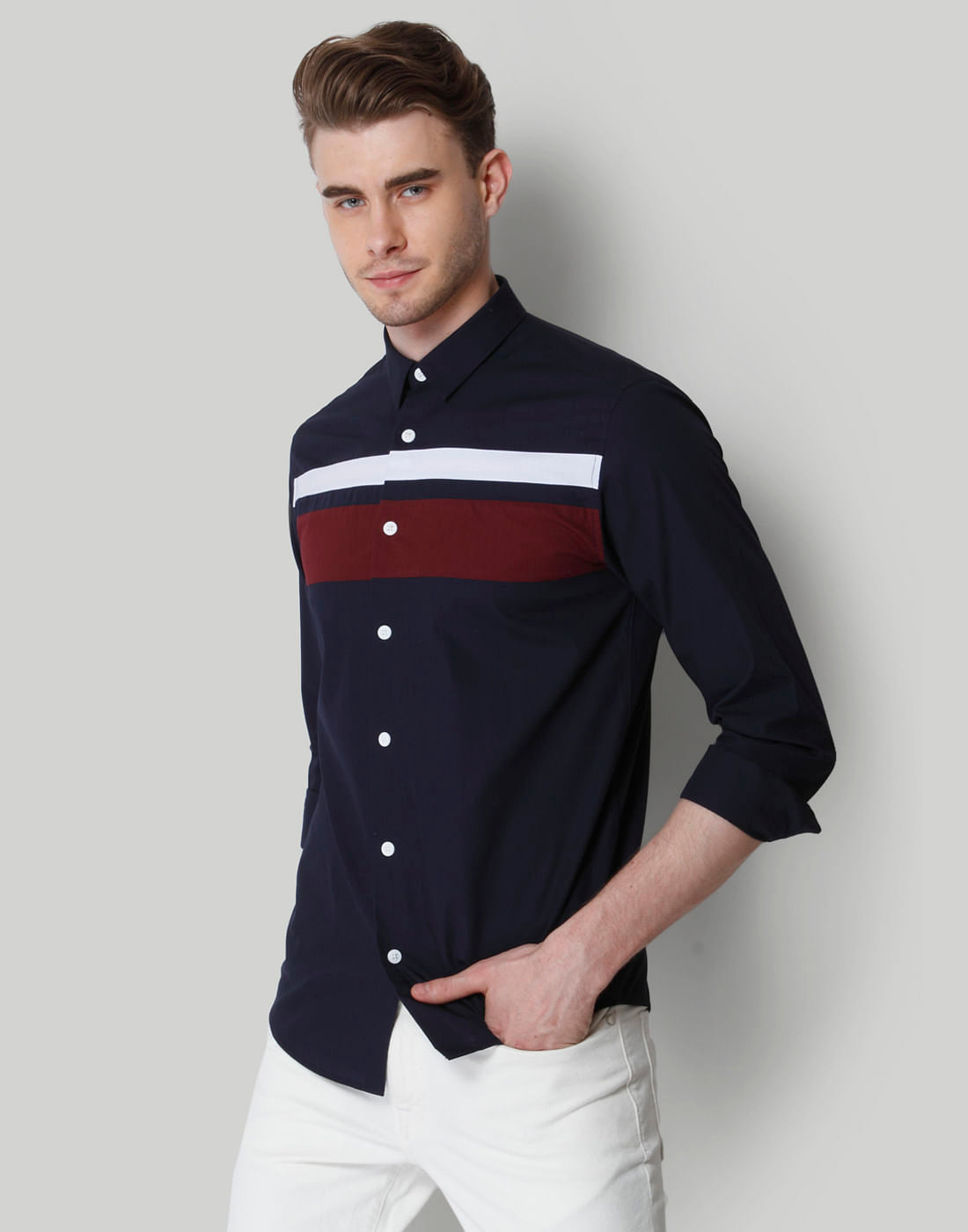 Dark Blue Colour Blocked Shirt