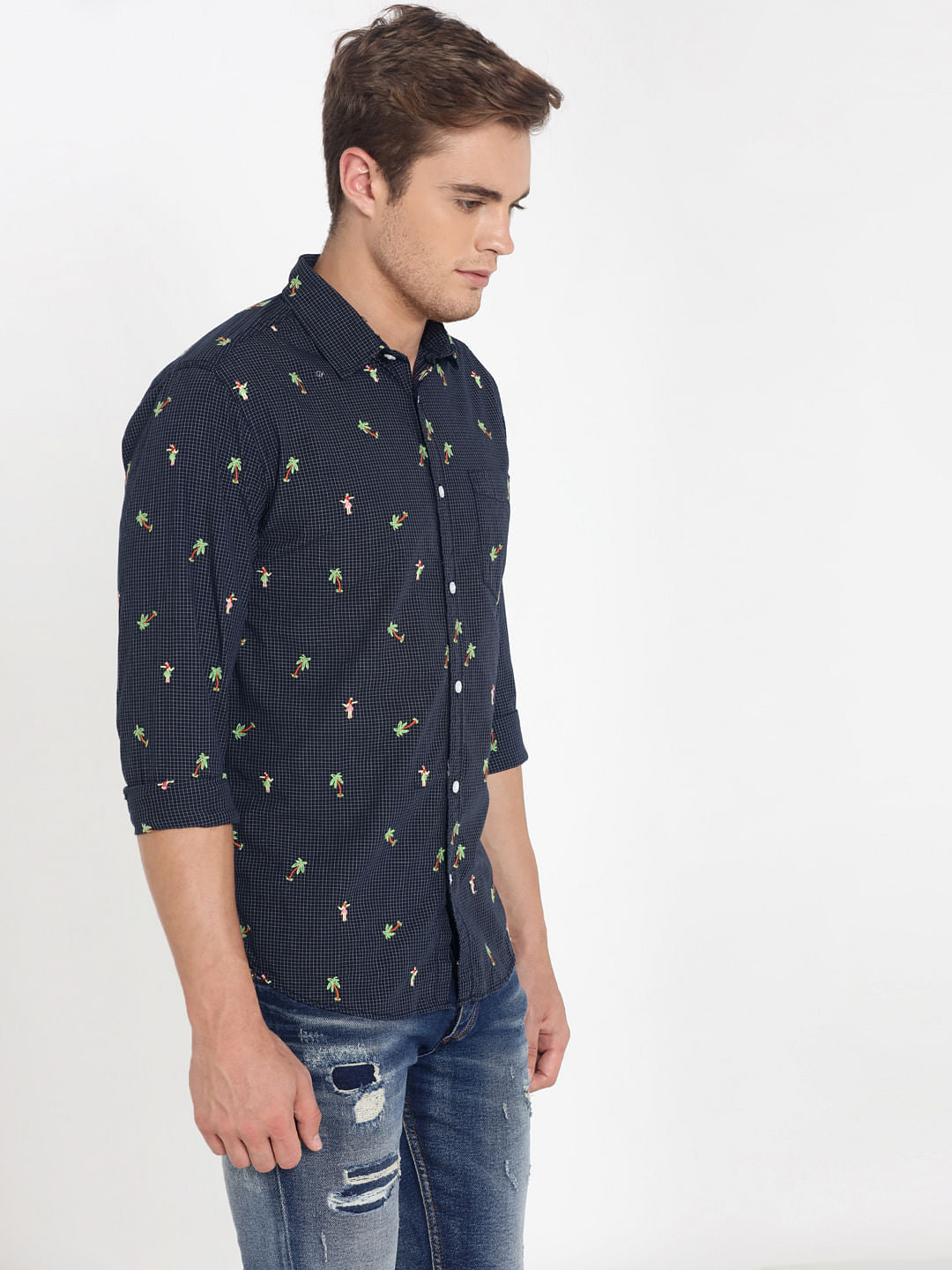 Blue Check Palm Tree Print Slim Fit Shirt