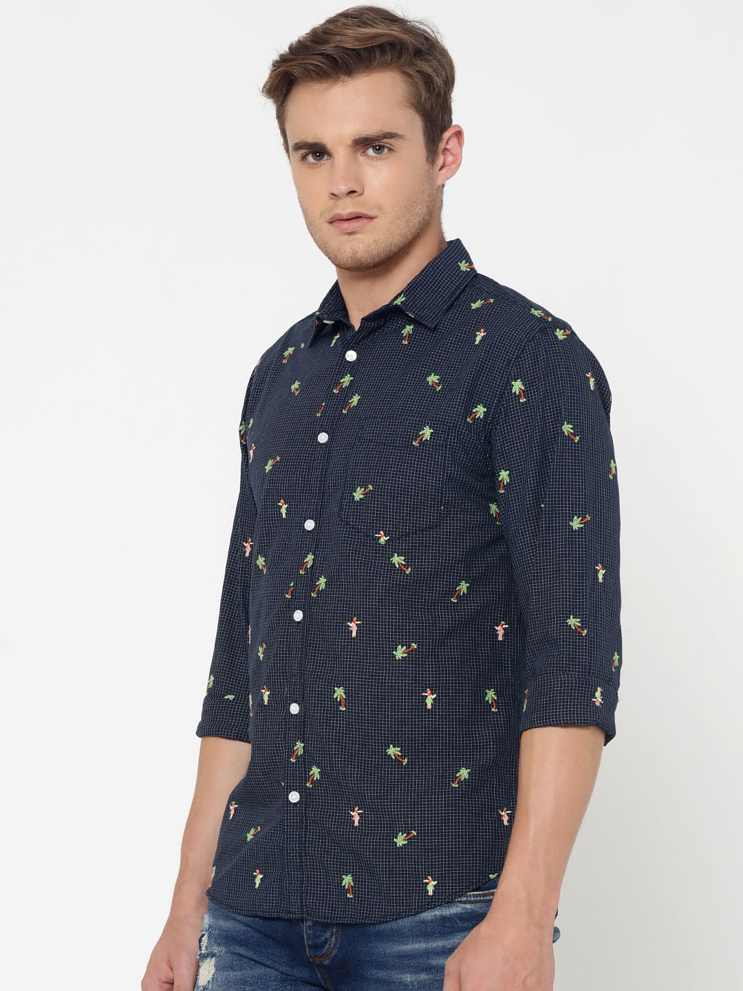 Blue Check Palm Tree Print Slim Fit Shirt
