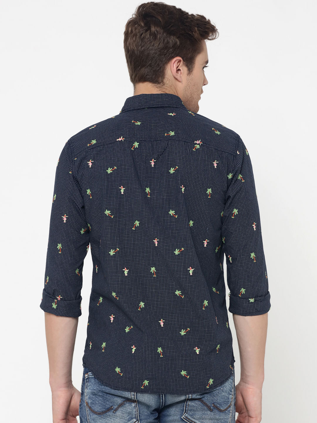 Blue Check Palm Tree Print Slim Fit Shirt