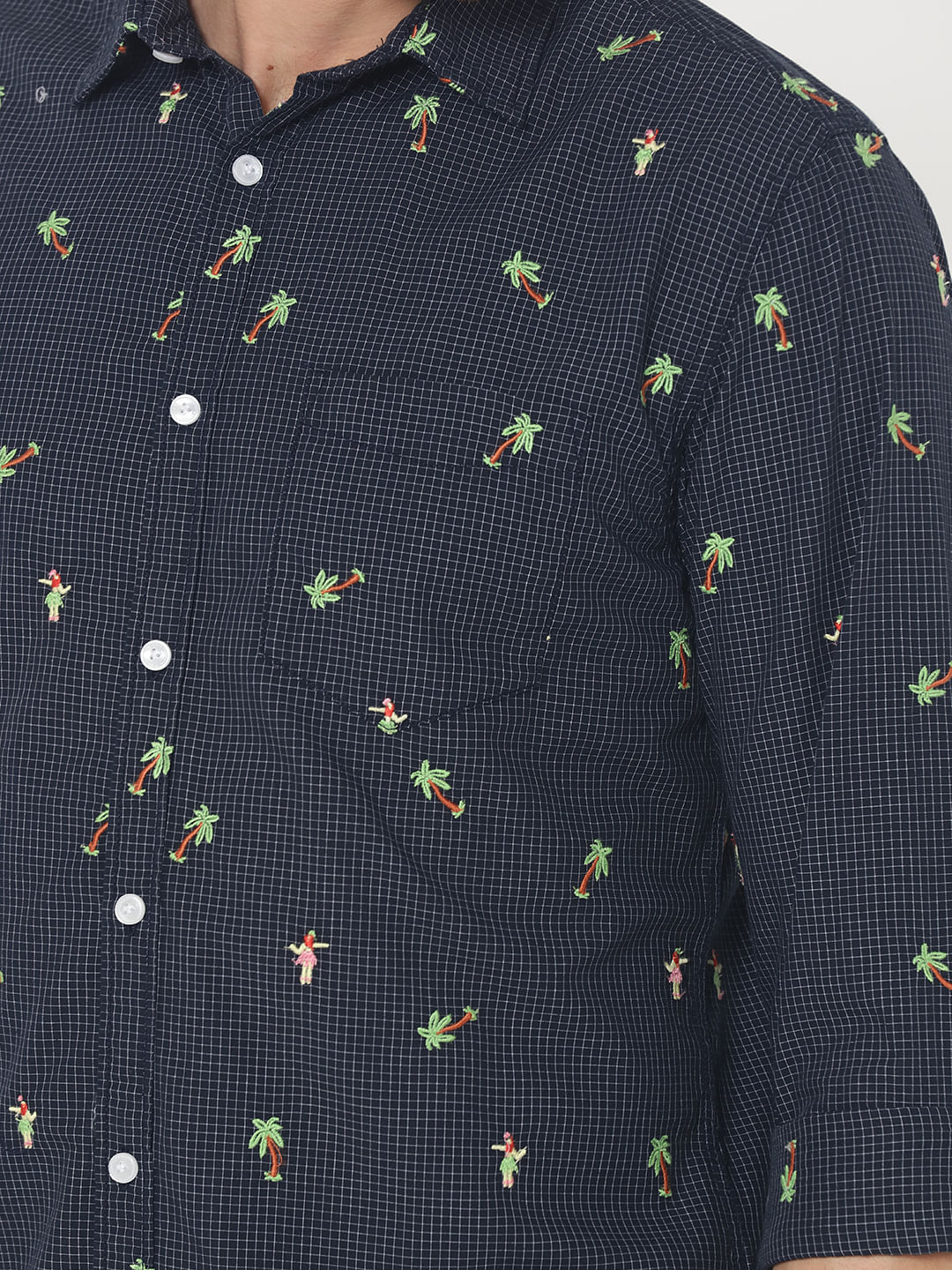 Blue Check Palm Tree Print Slim Fit Shirt
