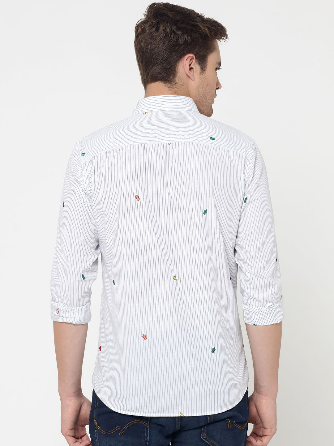 White Striped Embroidered Full Sleeves Shirt