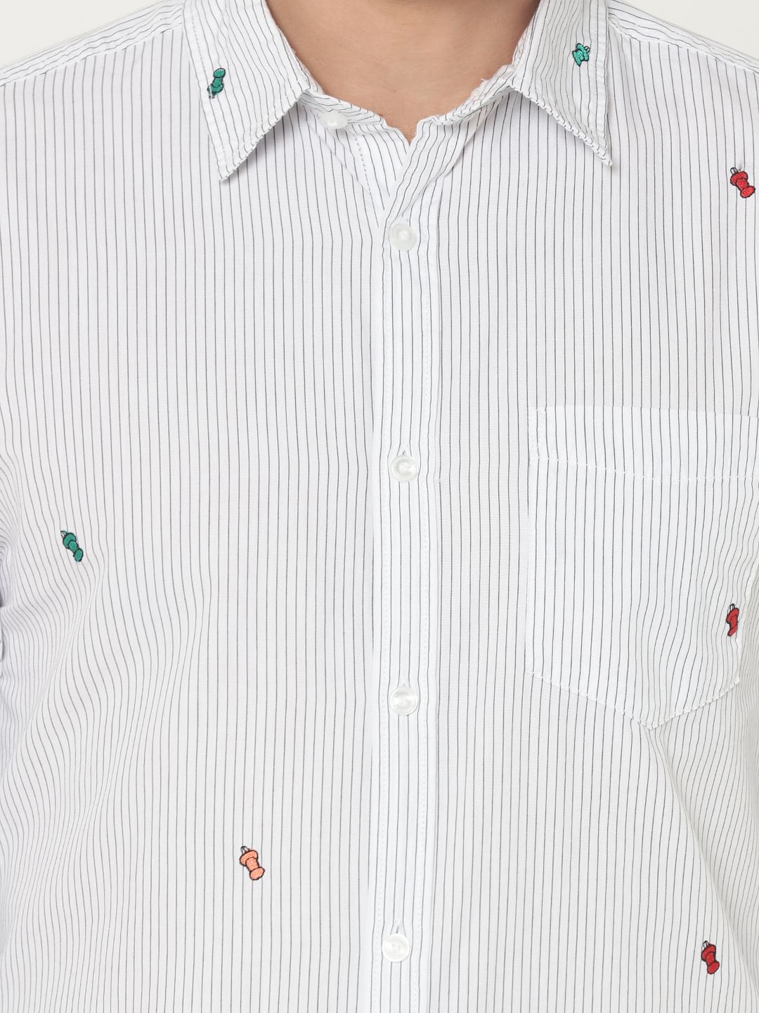White Striped Embroidered Full Sleeves Shirt