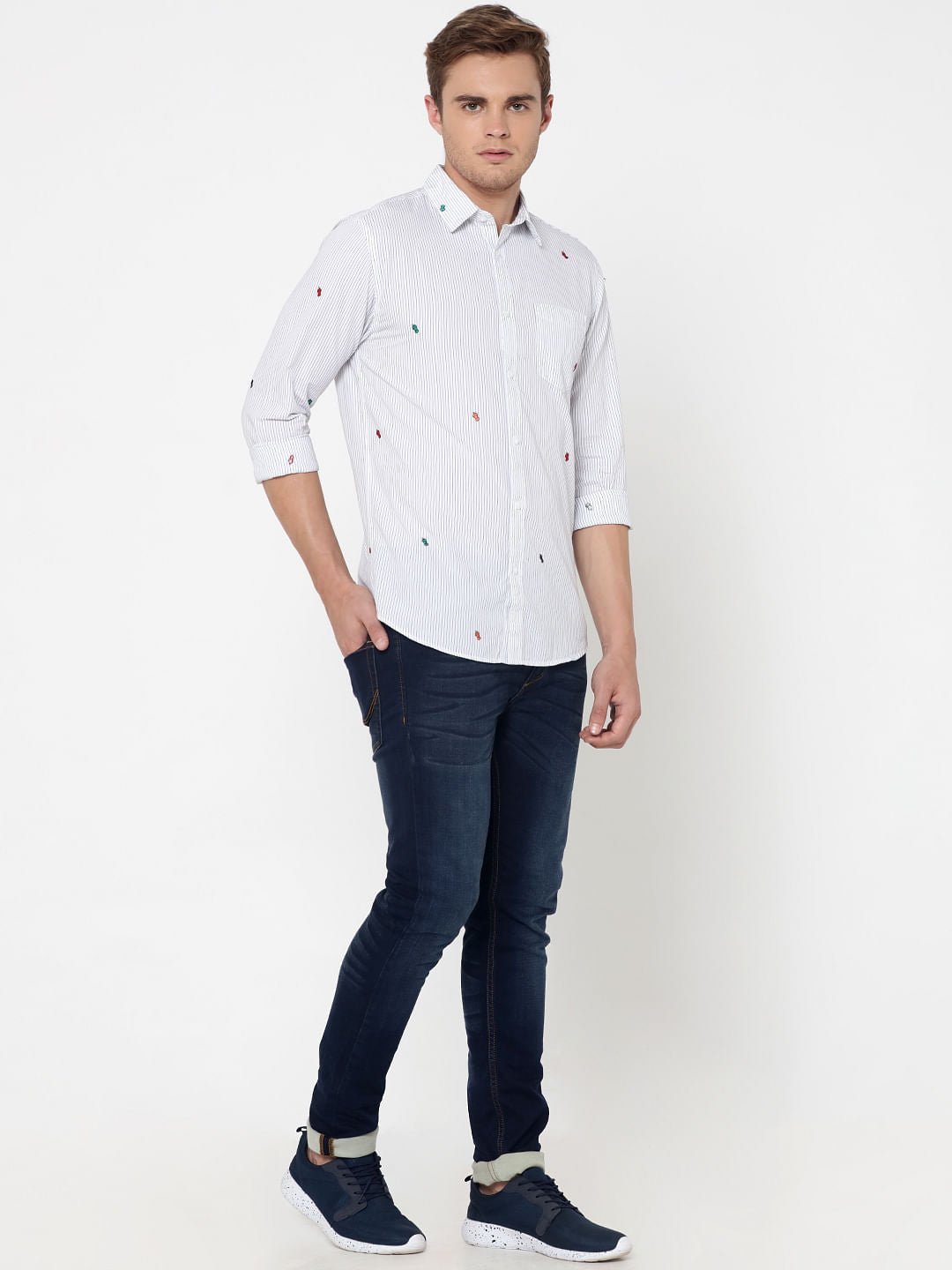 White Striped Embroidered Full Sleeves Shirt