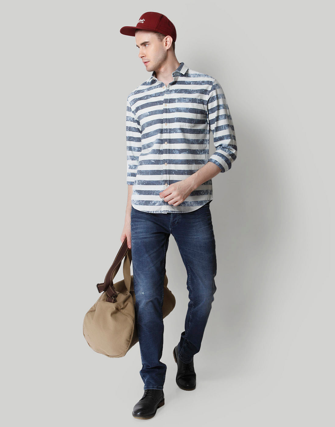 Beige & Grey Striped Shirt