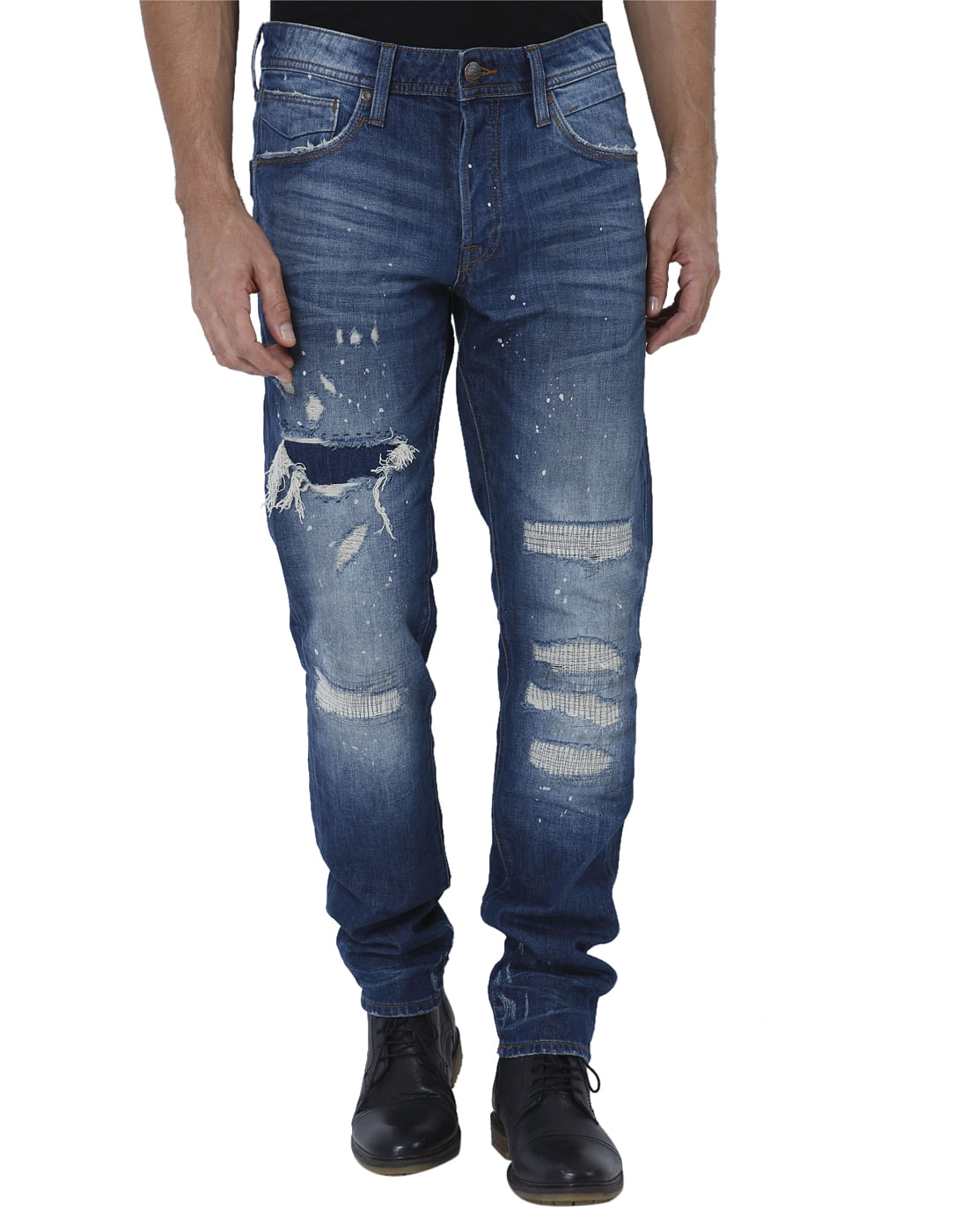 Blue Heavy Distressed Mid Rise Slim Fit Jeans