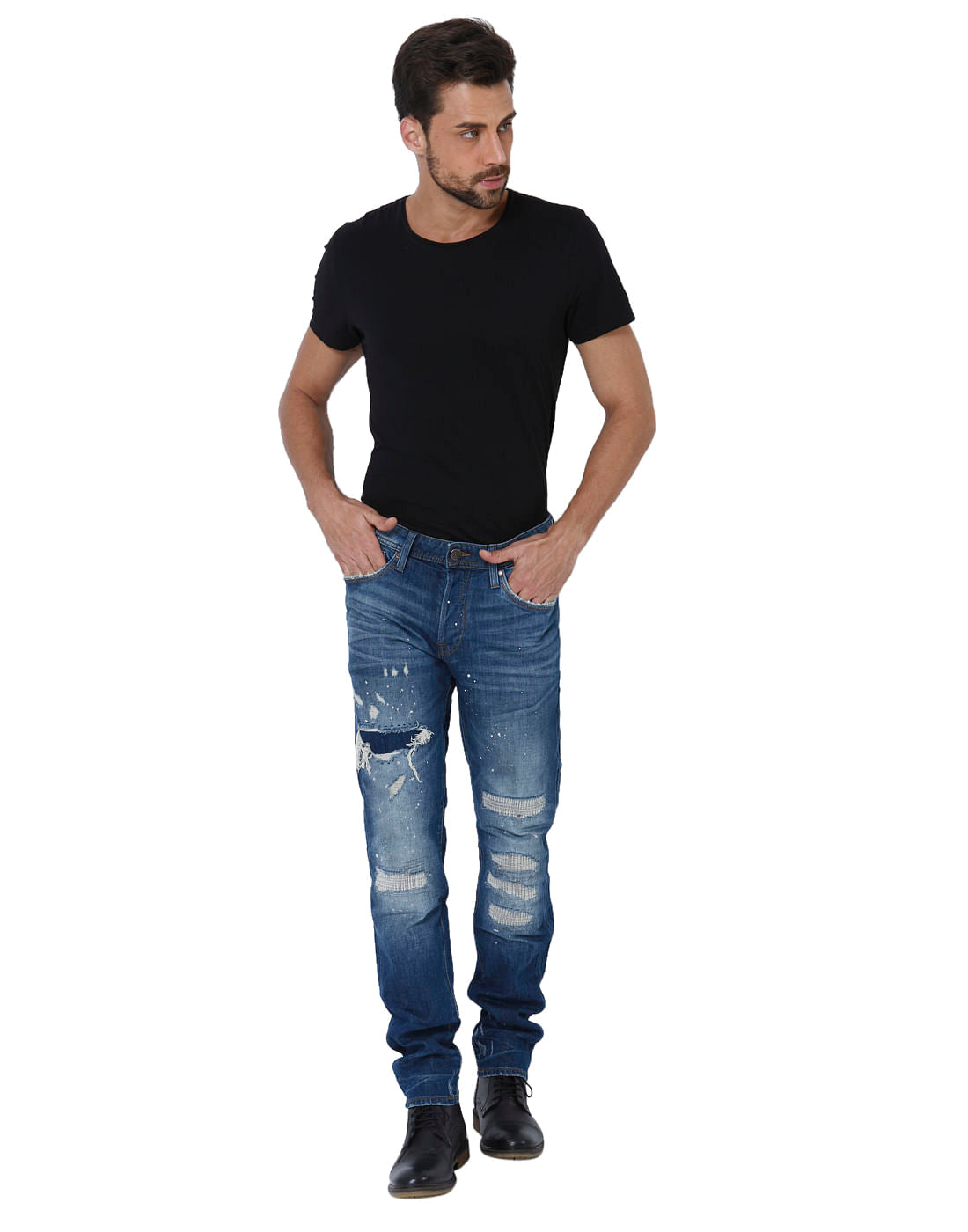 Blue Heavy Distressed Mid Rise Slim Fit Jeans