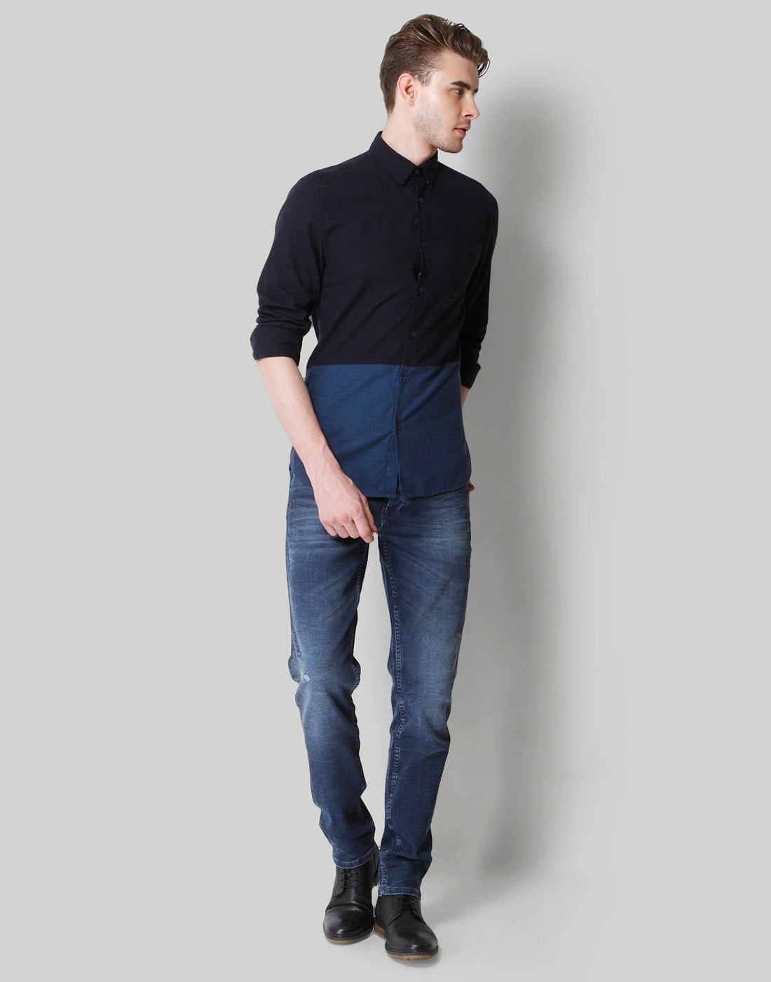 Dark Blue Colour Blocked Shirt