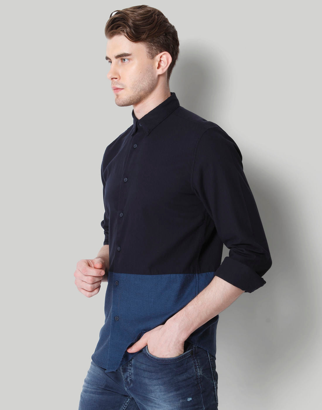 Dark Blue Colour Blocked Shirt