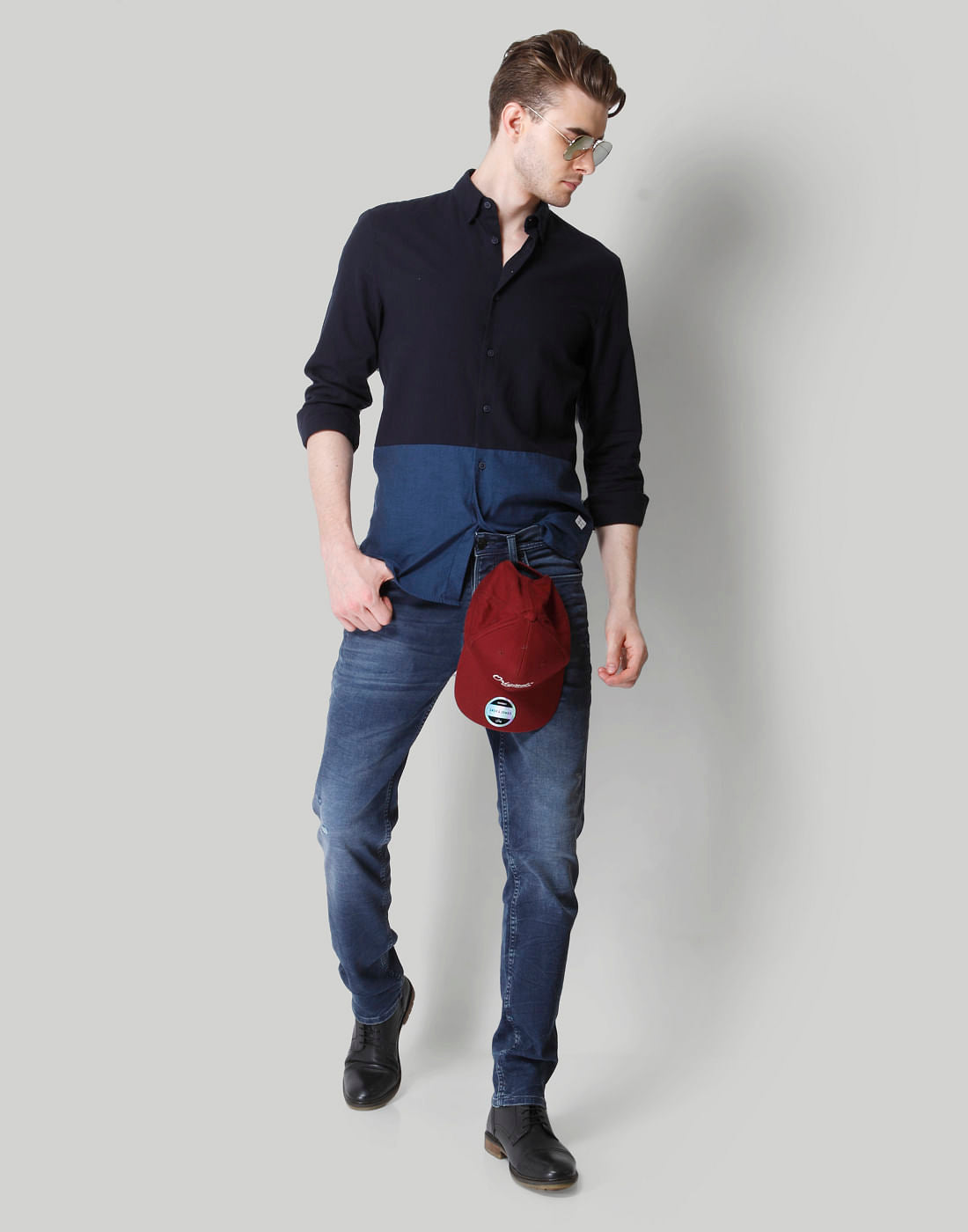 Dark Blue Colour Blocked Shirt