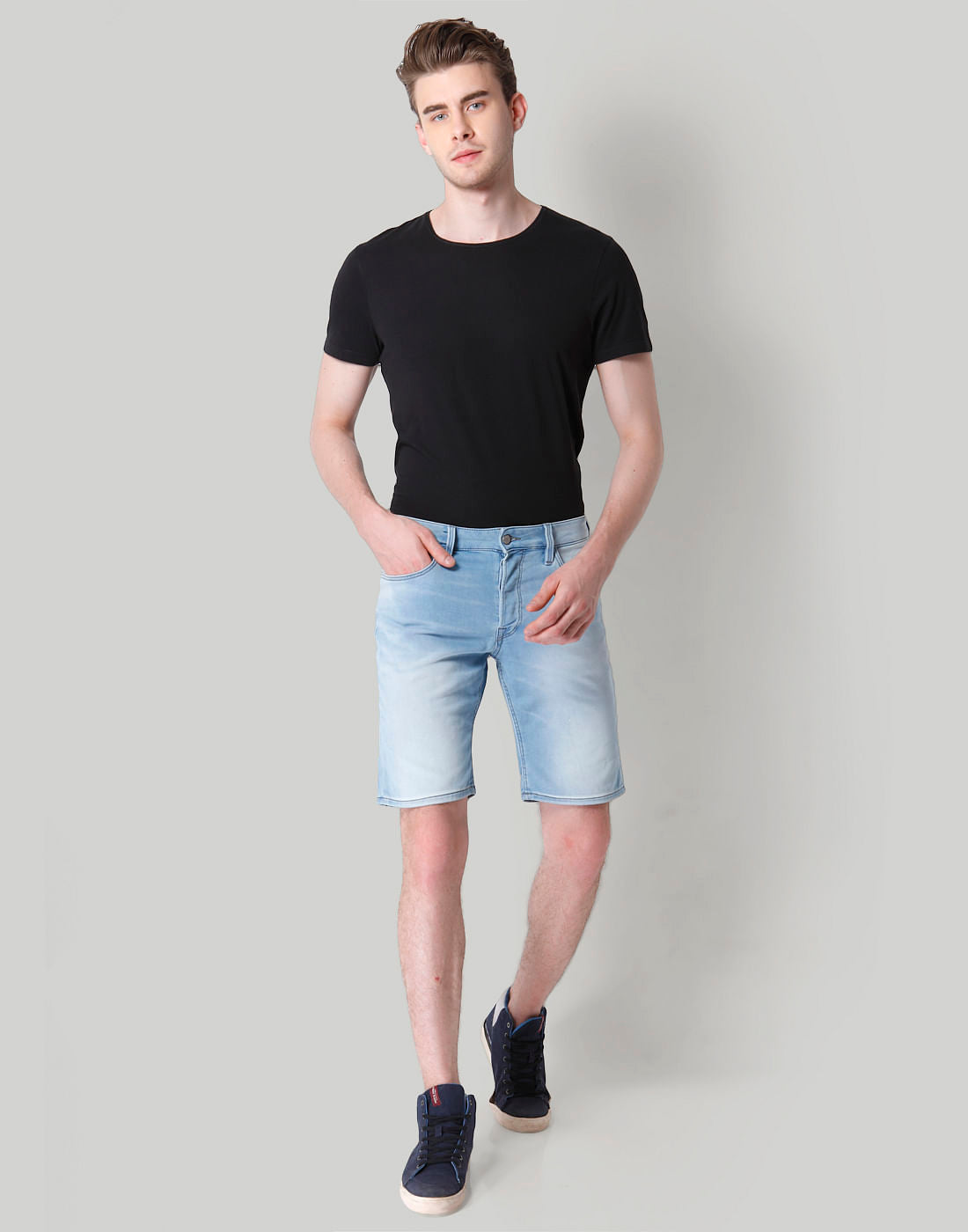 Blue Mid Rise Slim Fit Denim Shorts
