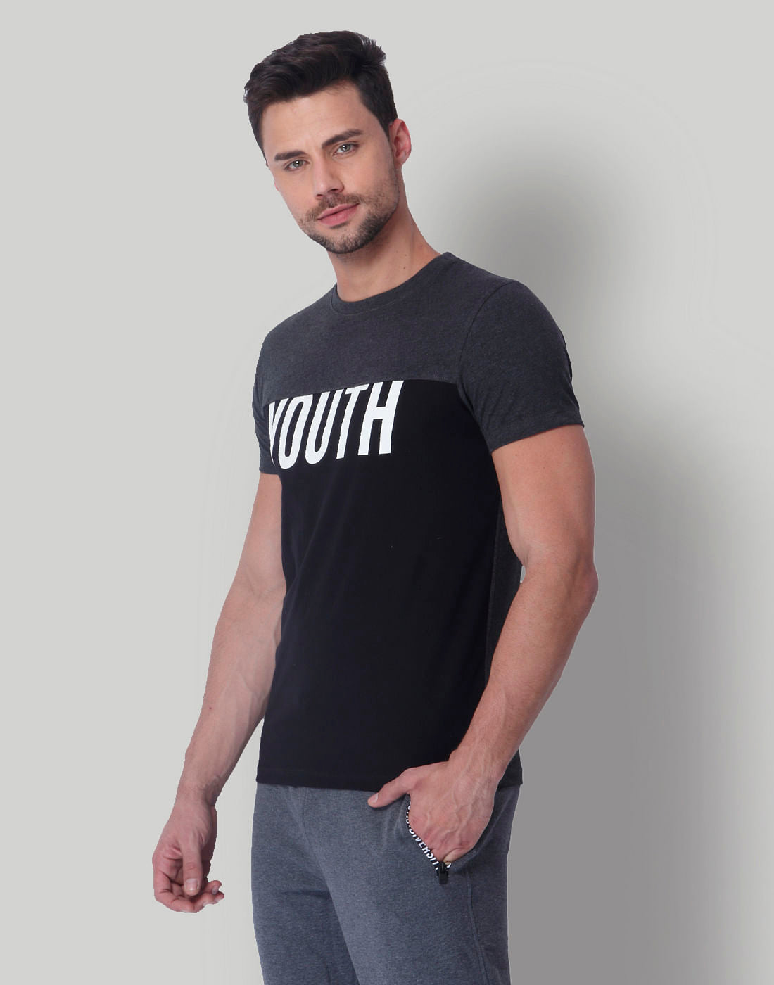 Grey & Black Crew Neck T-Shirt