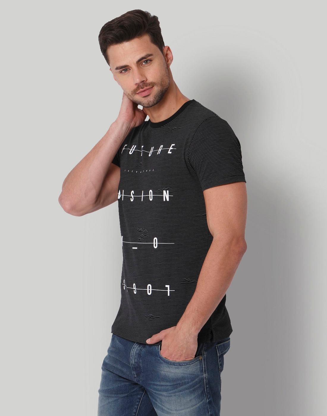Black Text Print Crew Neck T-Shirt
