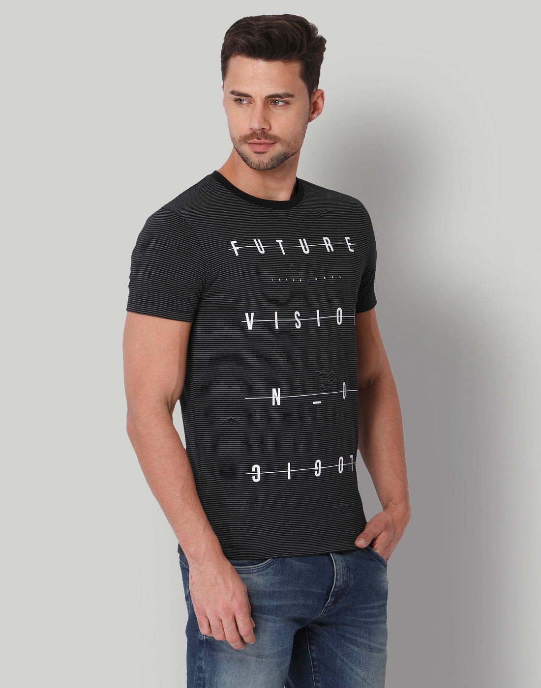 Black Text Print Crew Neck T-Shirt