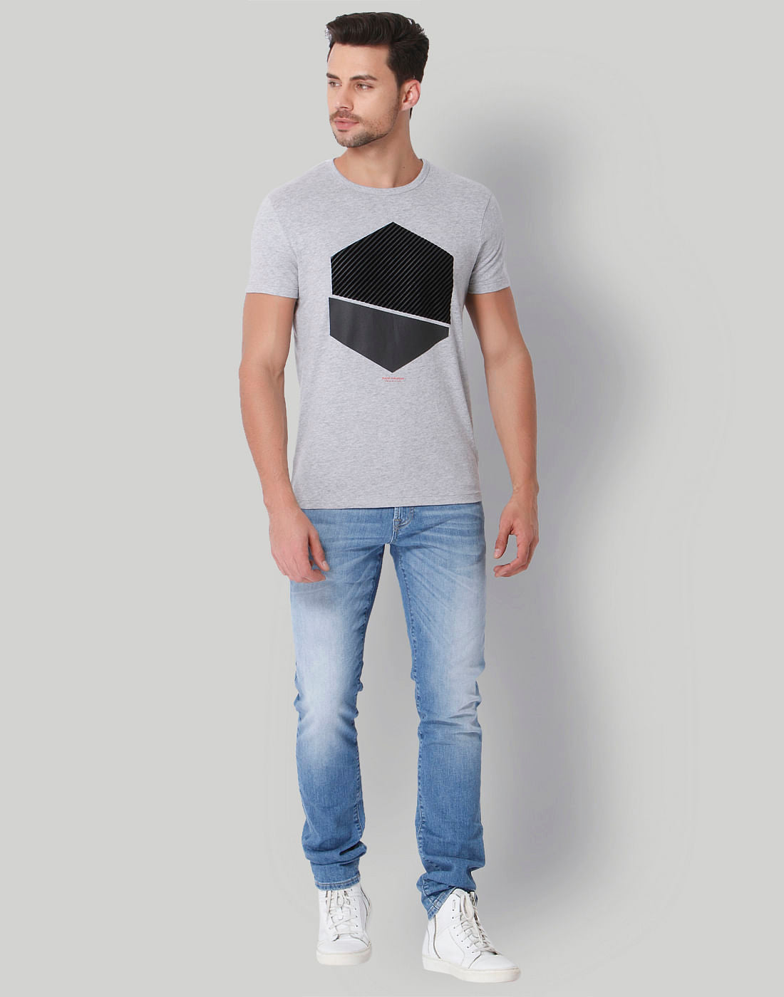 Grey Colour Blocked Graphic Print Crew Neck T-Shirt