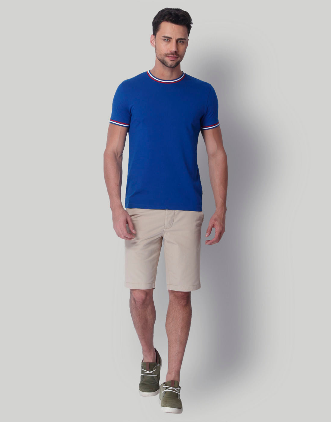 Blue Contrast Collar Band Crew Neck T-Shirt