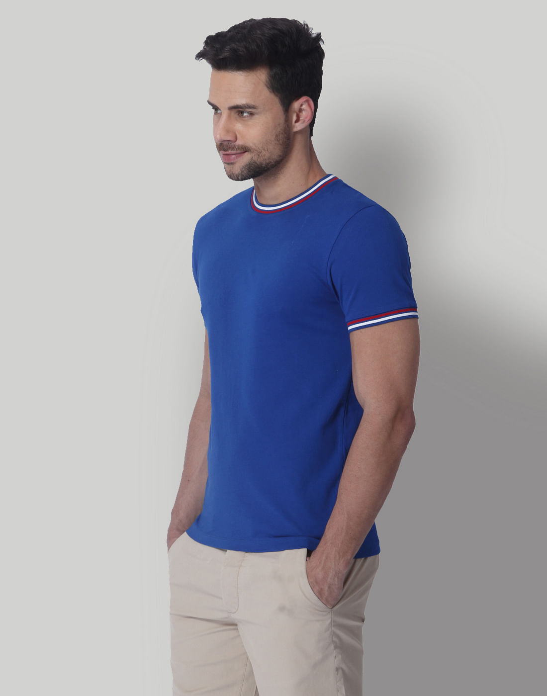 Blue Contrast Collar Band Crew Neck T-Shirt