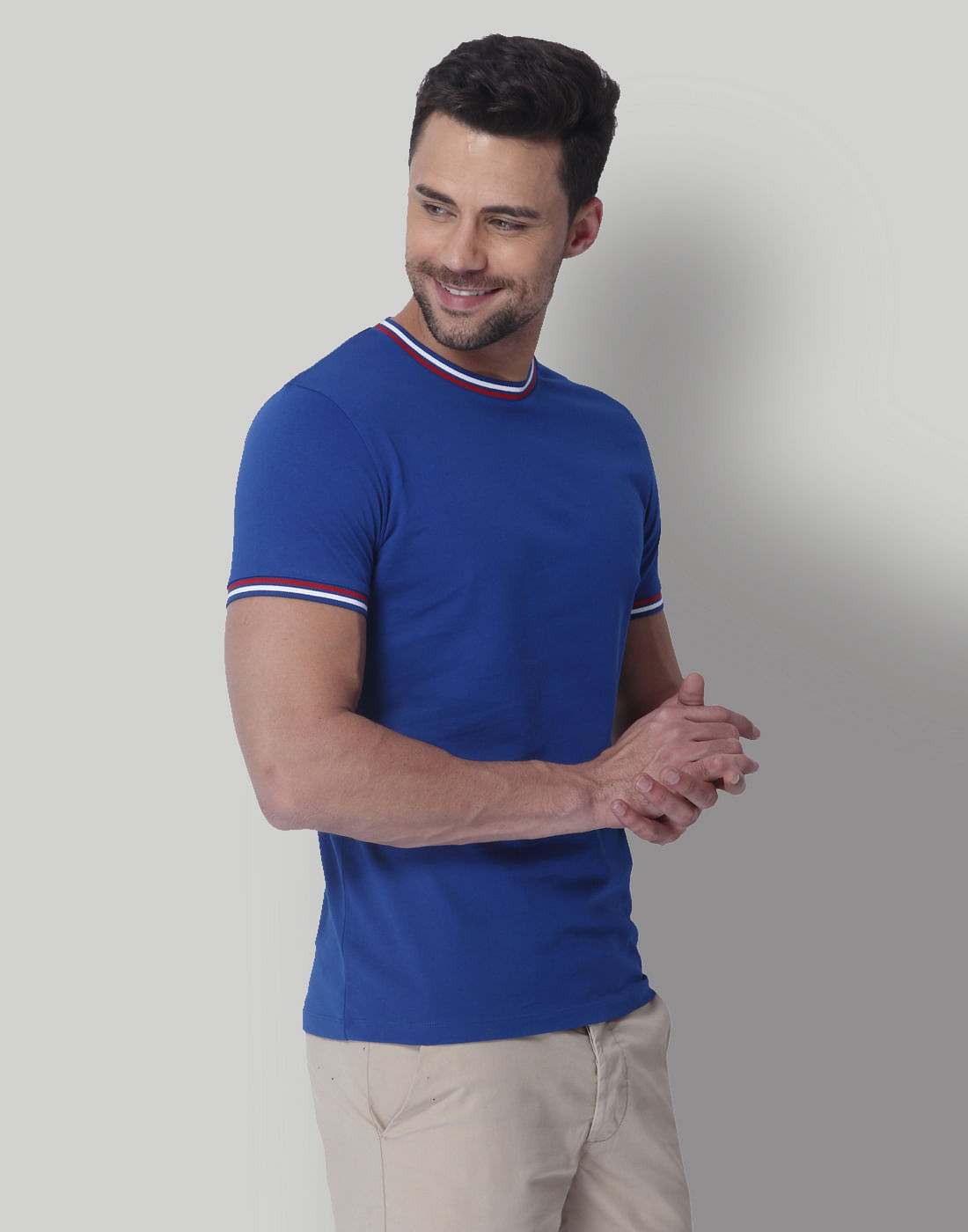 Blue Contrast Collar Band Crew Neck T-Shirt