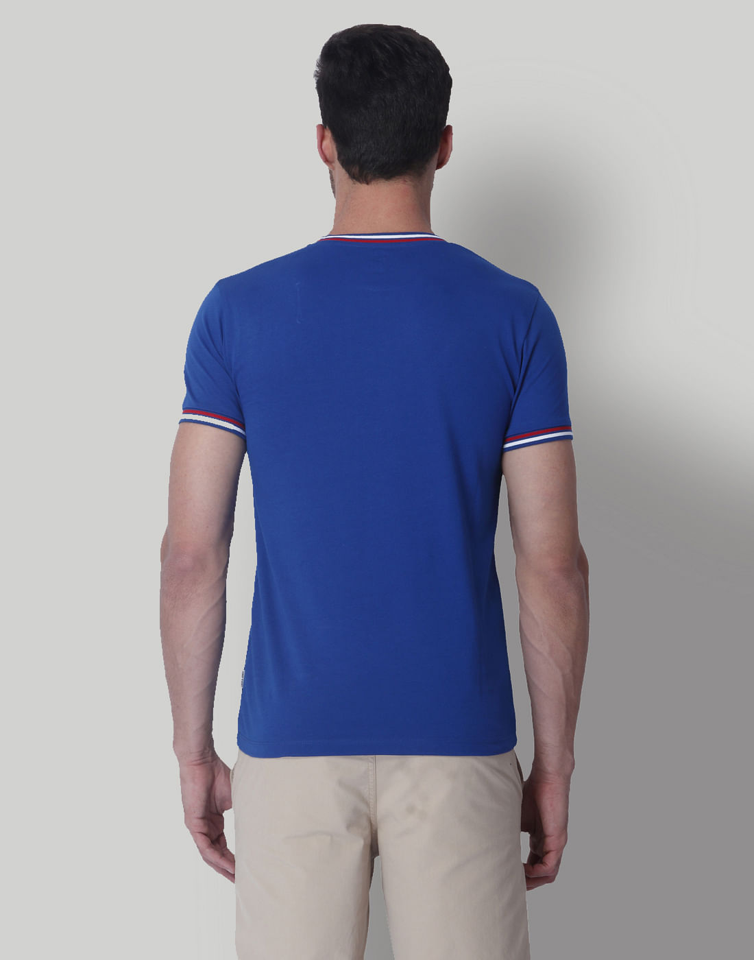 Blue Contrast Collar Band Crew Neck T-Shirt