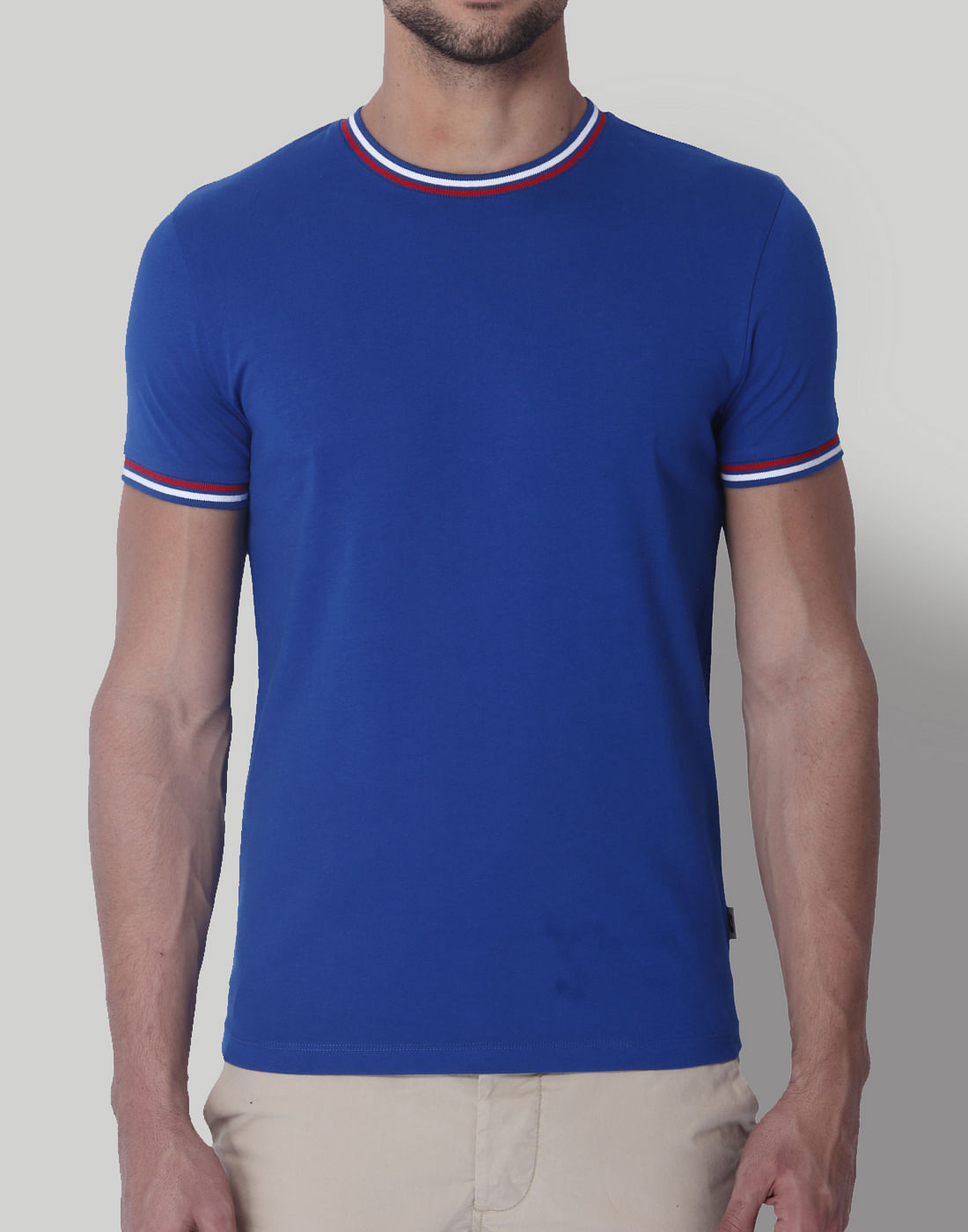 Blue Contrast Collar Band Crew Neck T-Shirt