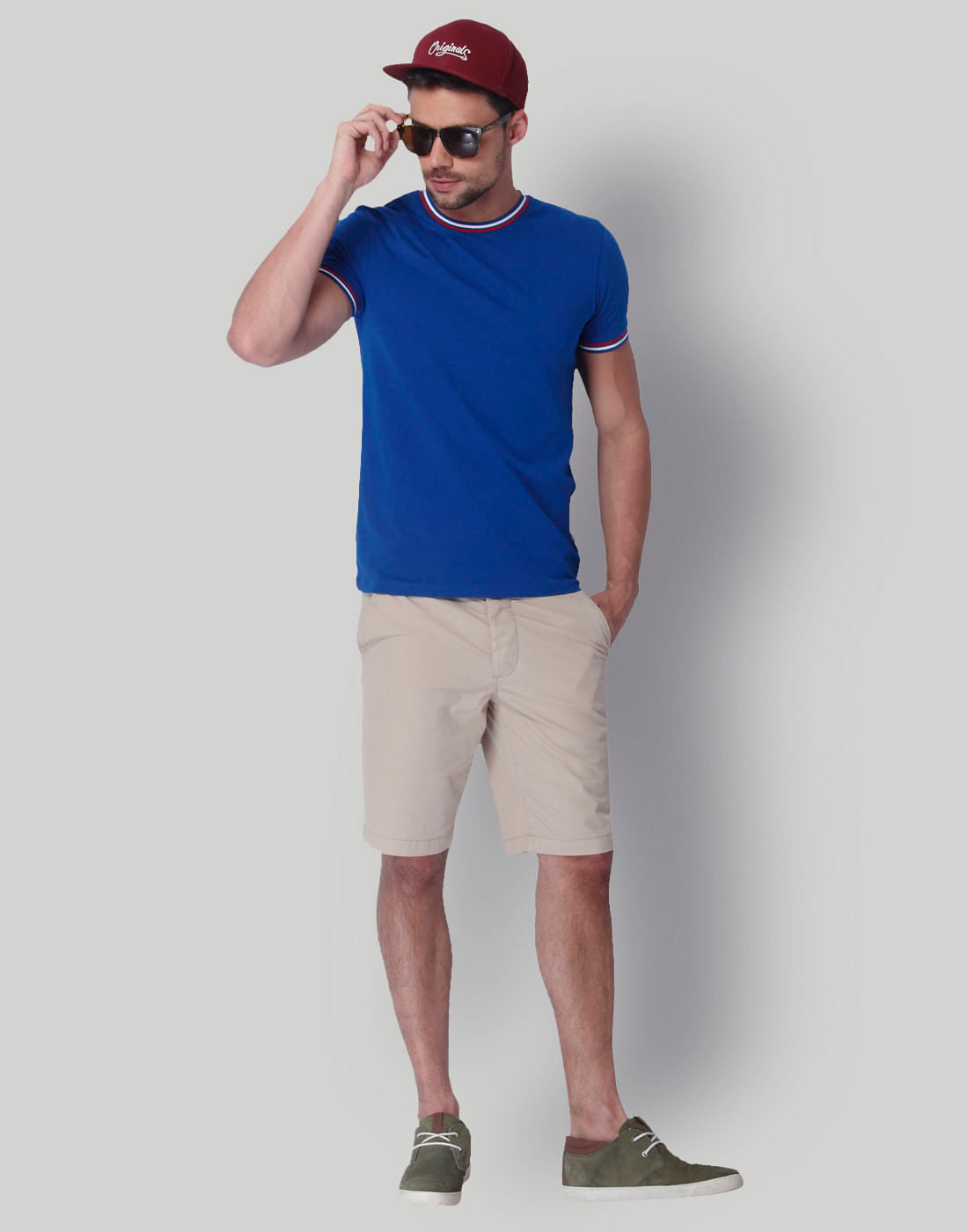 Blue Contrast Collar Band Crew Neck T-Shirt