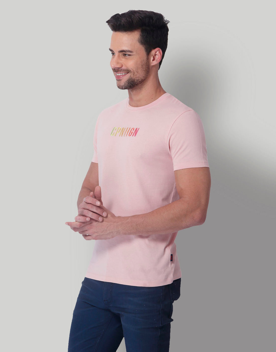Light Pink Text Print Crew Neck T-Shirt