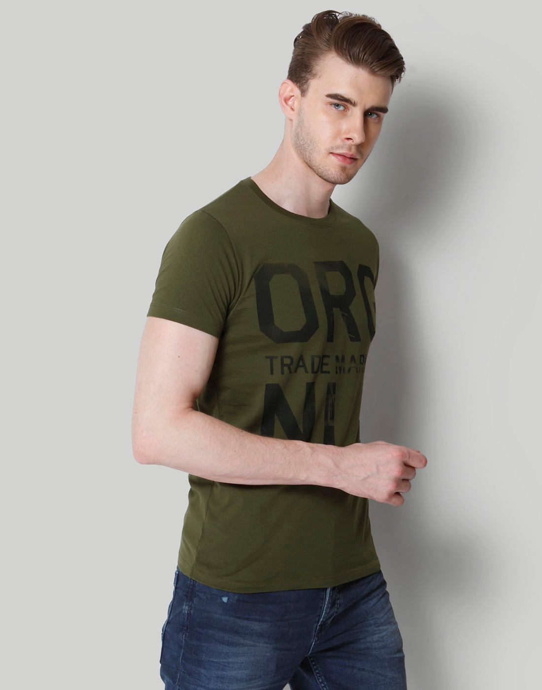 Olive Green Text Print Crew Neck T-Shirt