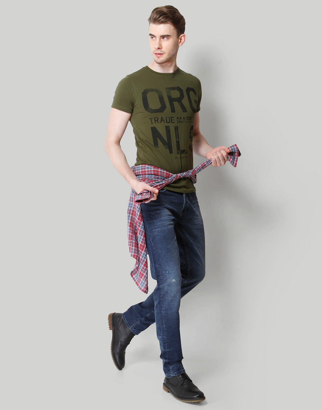 Olive Green Text Print Crew Neck T-Shirt