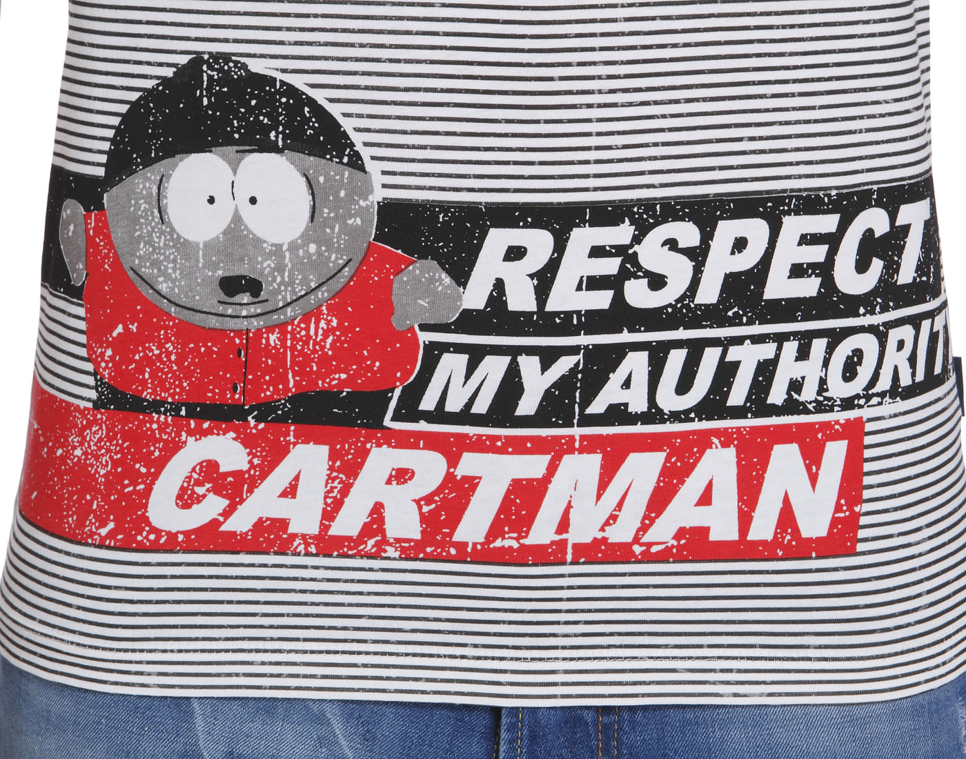 White Striped Cartman Print V-Neck T-Shirt