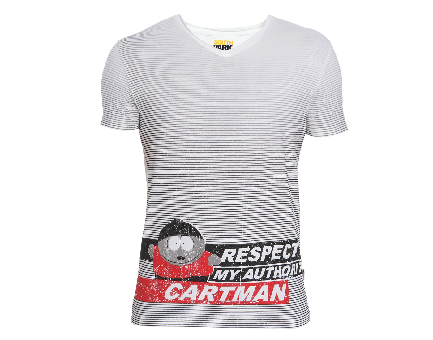 White Striped Cartman Print V-Neck T-Shirt