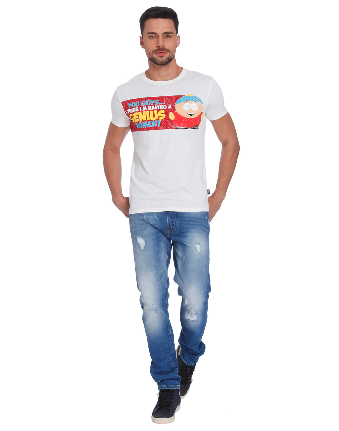 White Text & Cartman Print Crew Neck T-Shirt