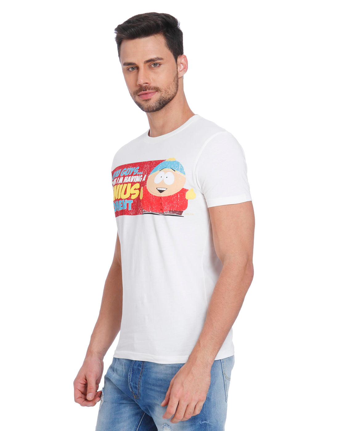 White Text & Cartman Print Crew Neck T-Shirt