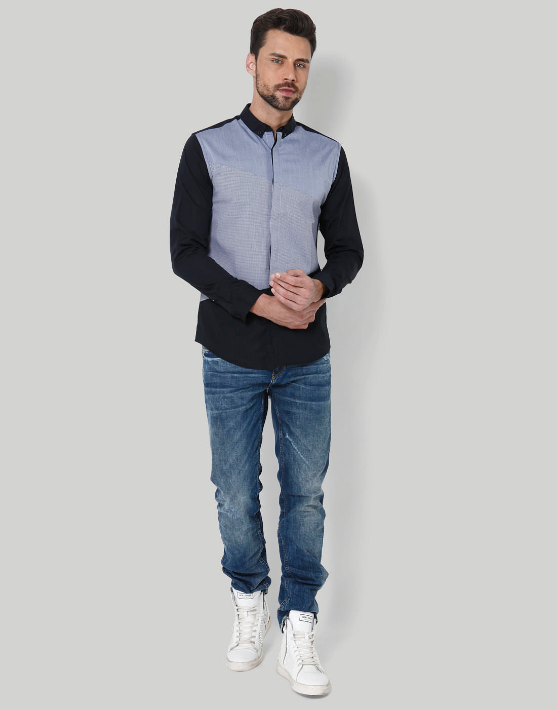 Black Colour Blocked Slim Fit Shirt