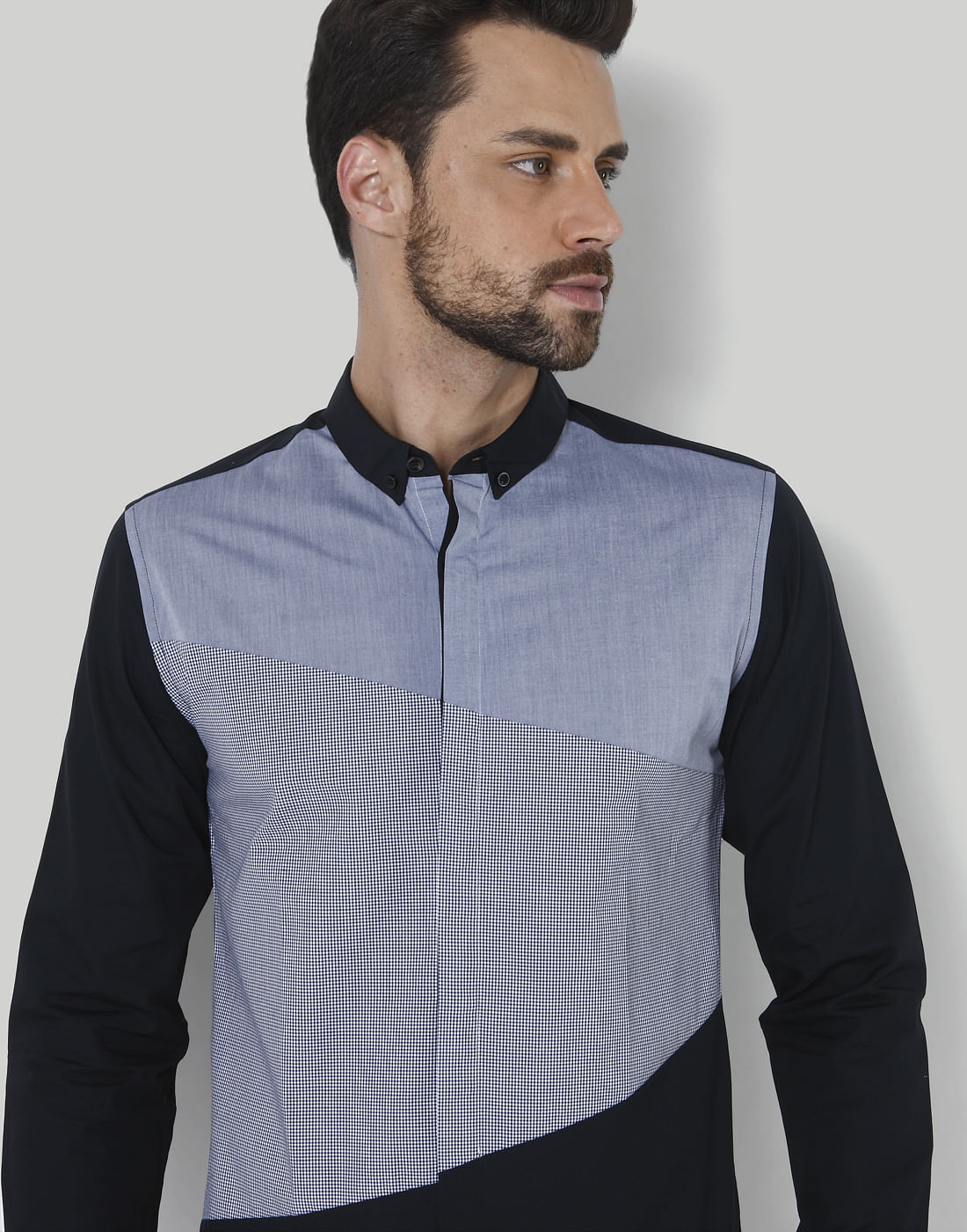 Black Colour Blocked Slim Fit Shirt