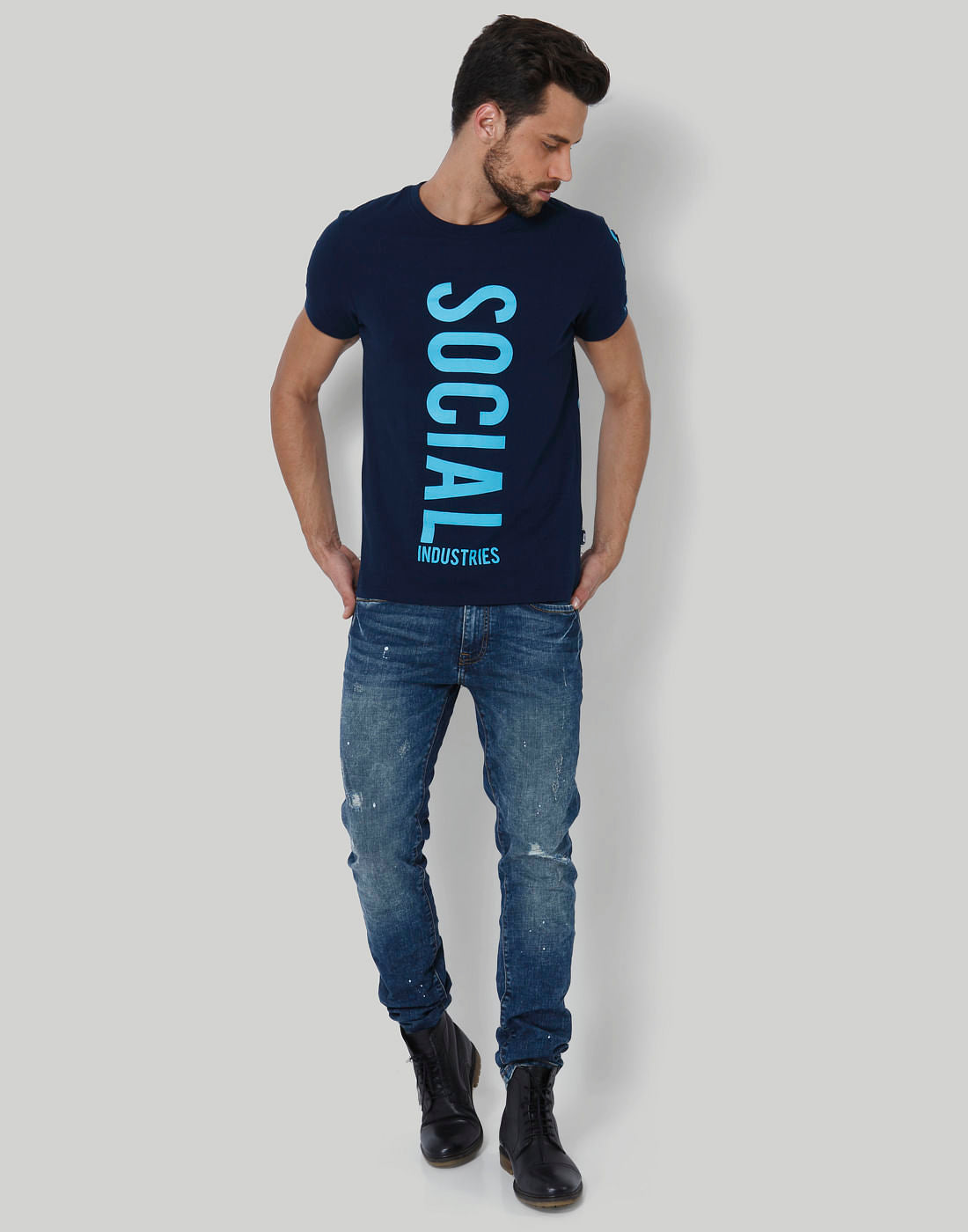 Dark Blue Text Print Crew Neck T-Shirt