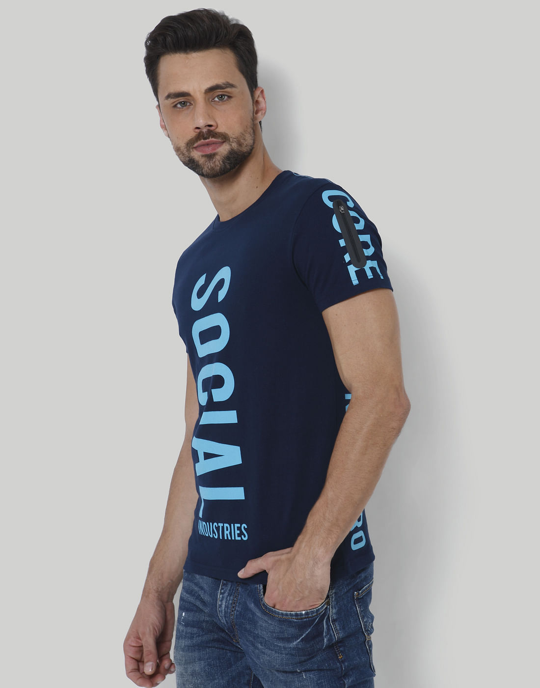 Dark Blue Text Print Crew Neck T-Shirt