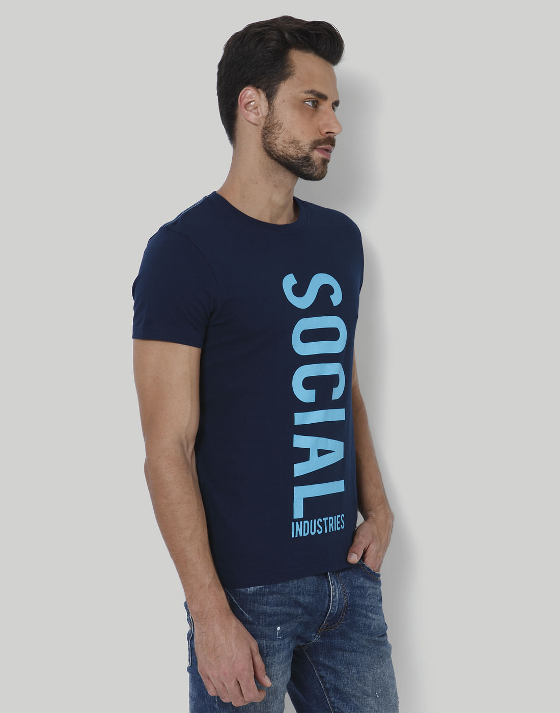 Dark Blue Text Print Crew Neck T-Shirt