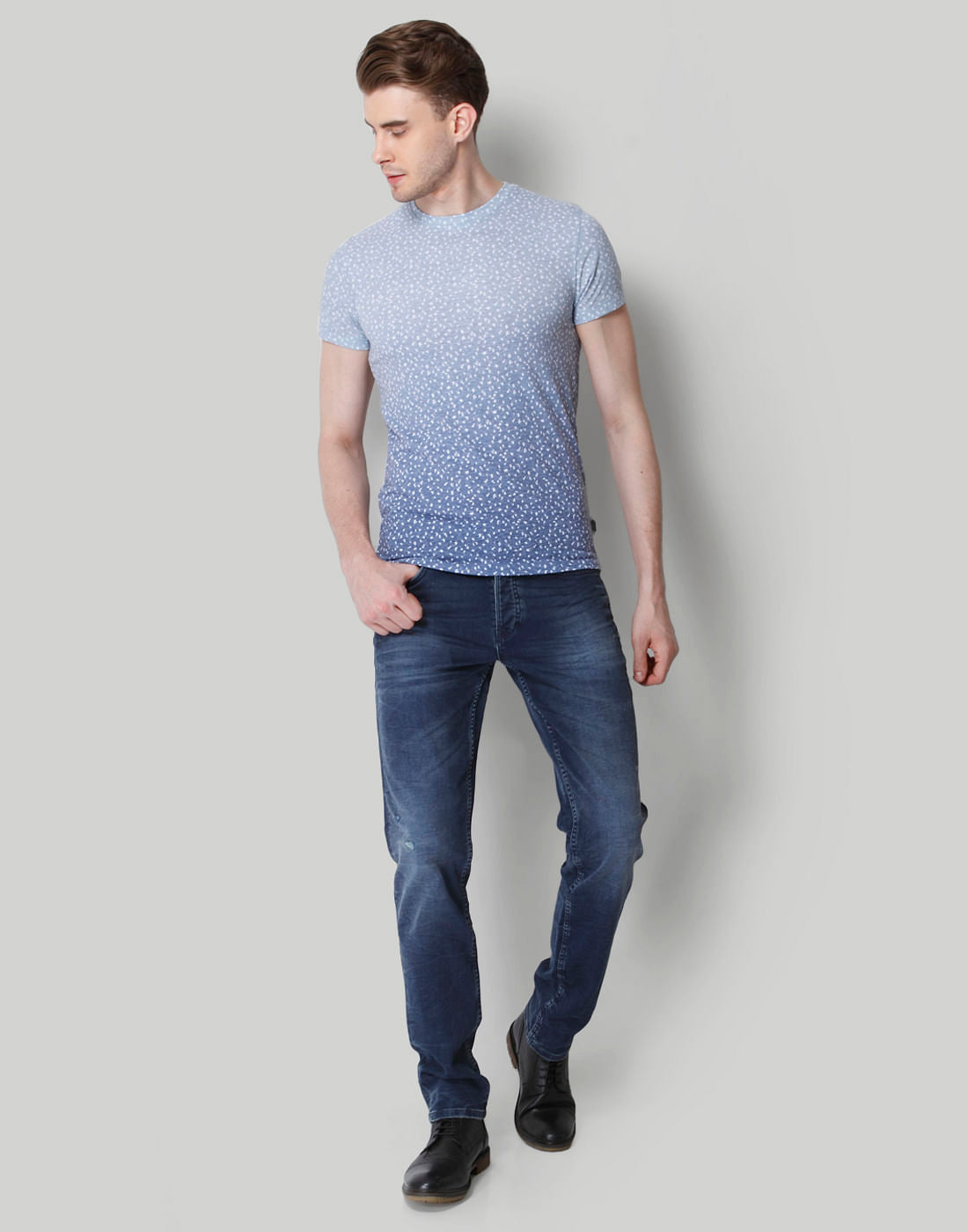 Blue Ombre Self Print Crew Neck T-Shirt