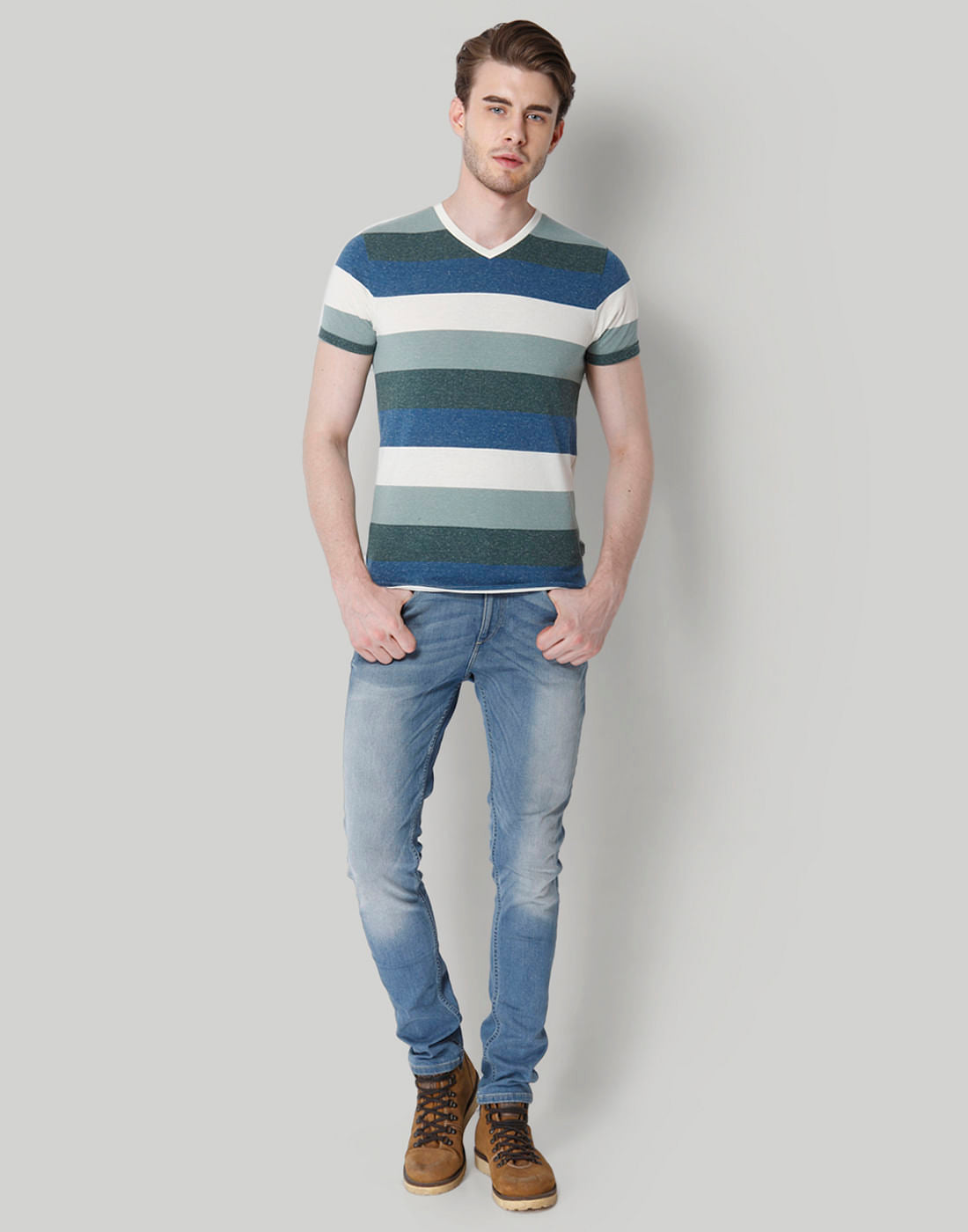 Blue Striped Colour Blocked V-Neck T-Shirt
