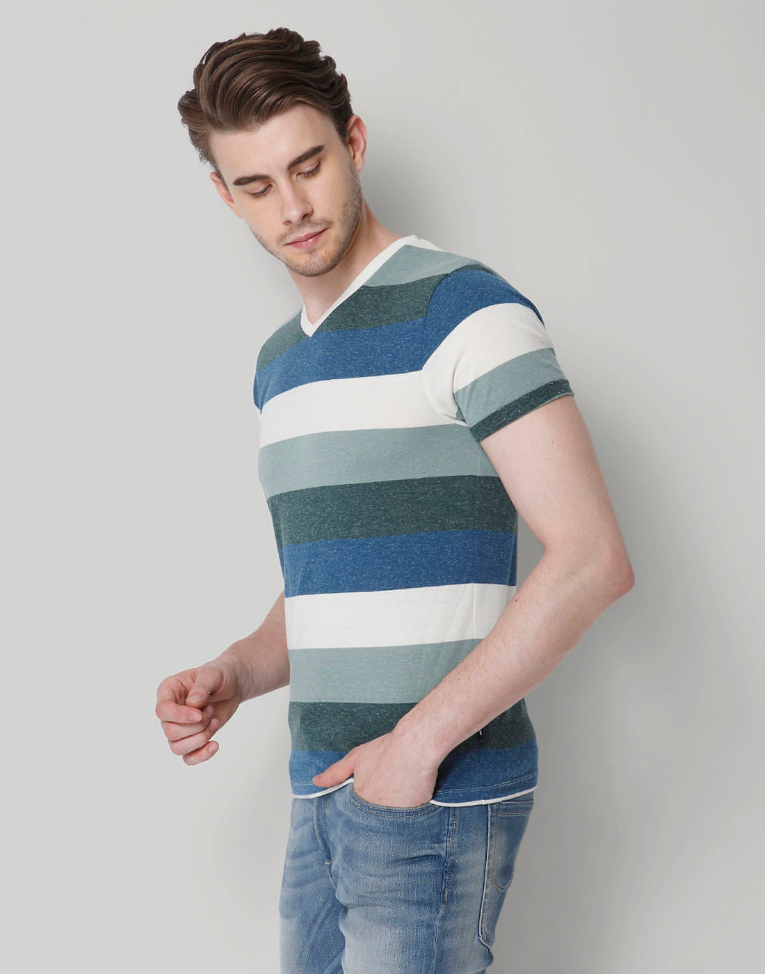 Blue Striped Colour Blocked V-Neck T-Shirt