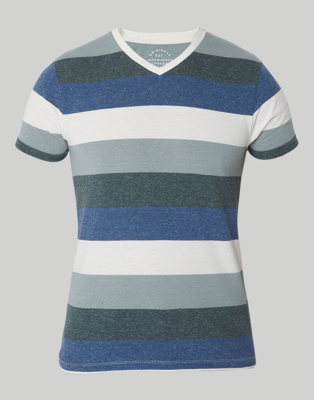 Blue Striped Colour Blocked V-Neck T-Shirt