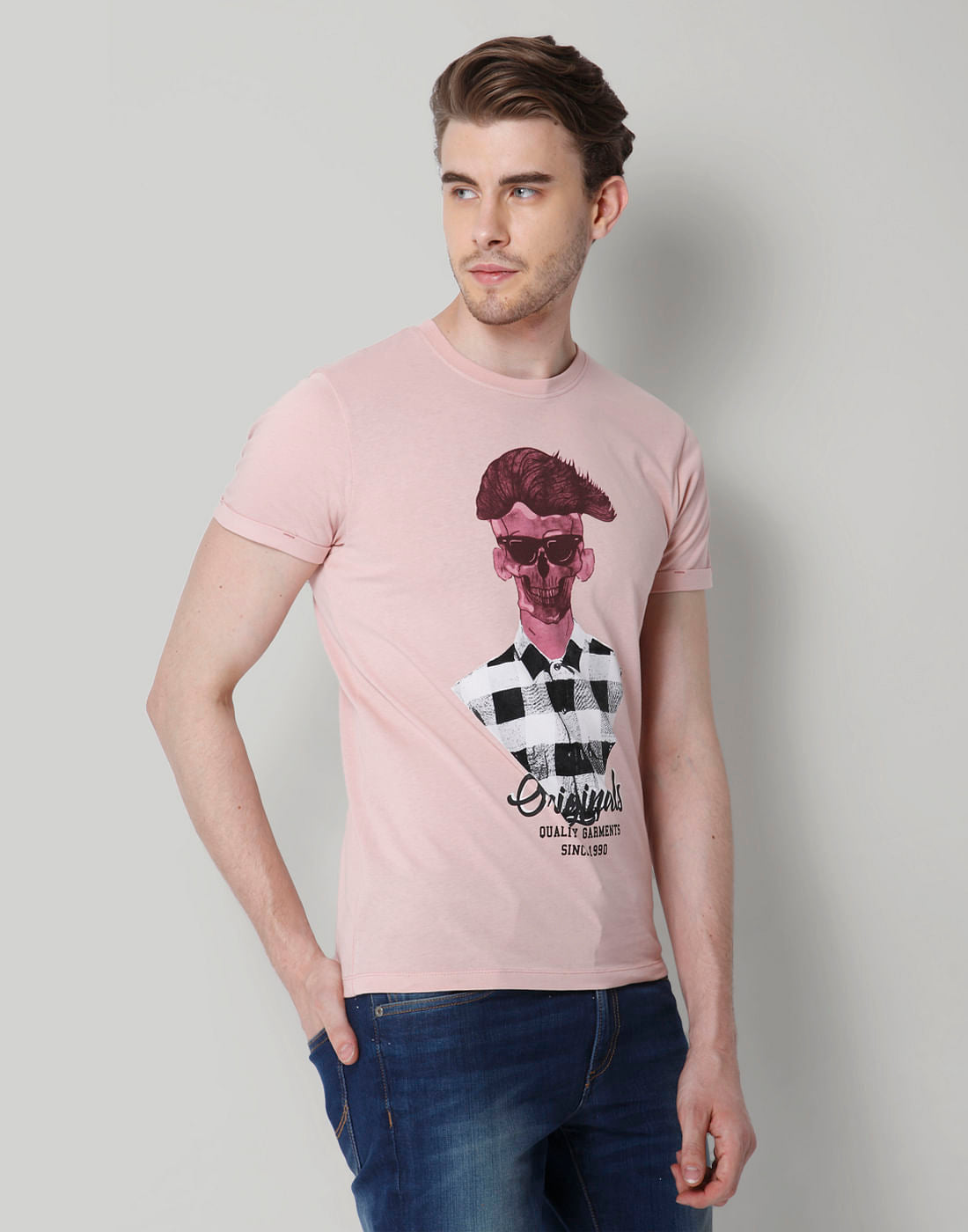 Rose Skull Printed Crew Neck T-Shirt