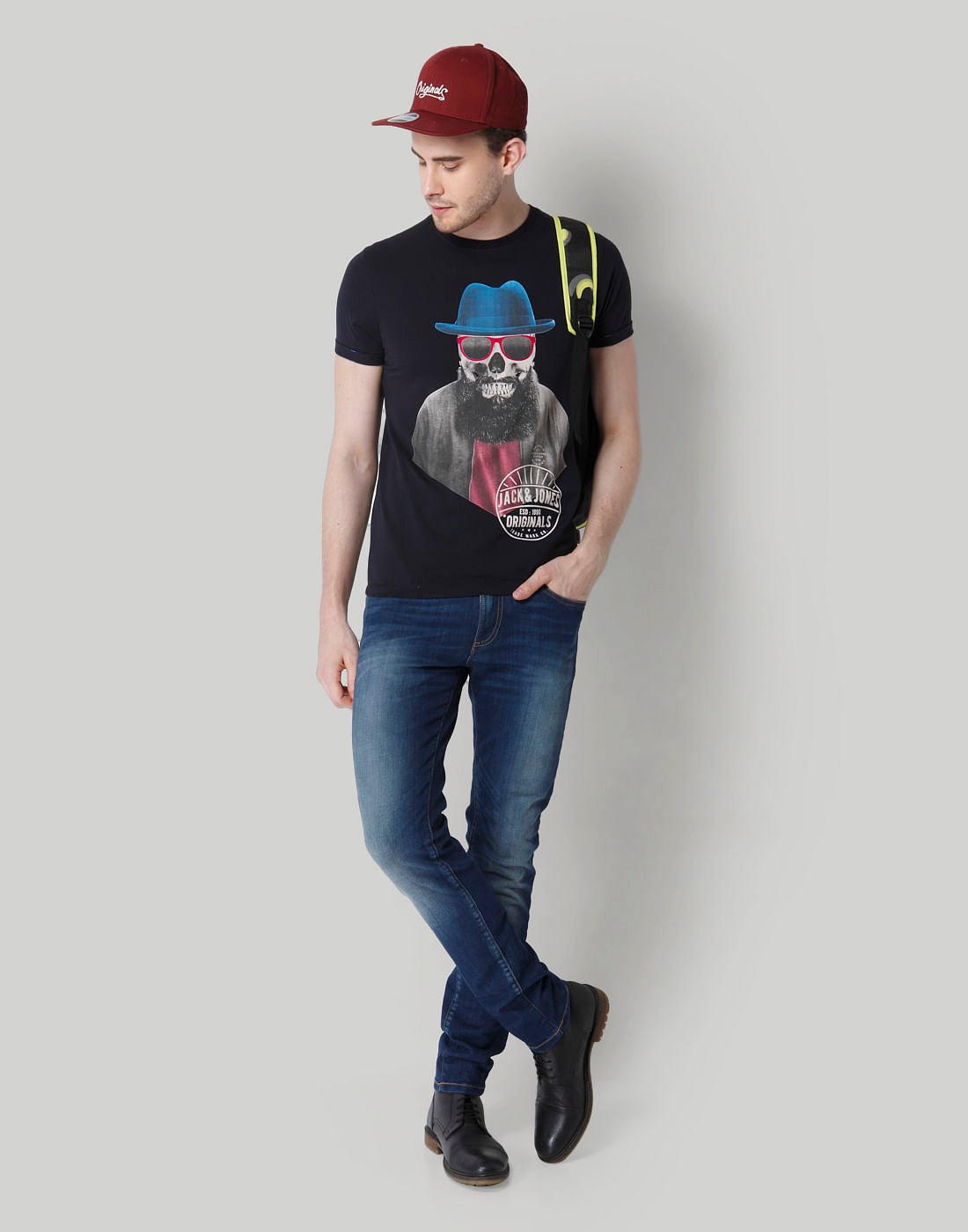 Blue Skull Printed Crew Neck T-Shirt