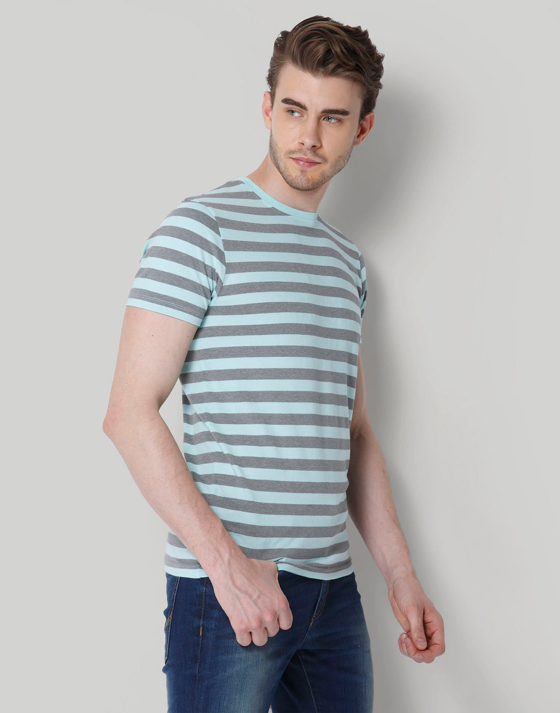 Grey Striped Crew Neck T-Shirt
