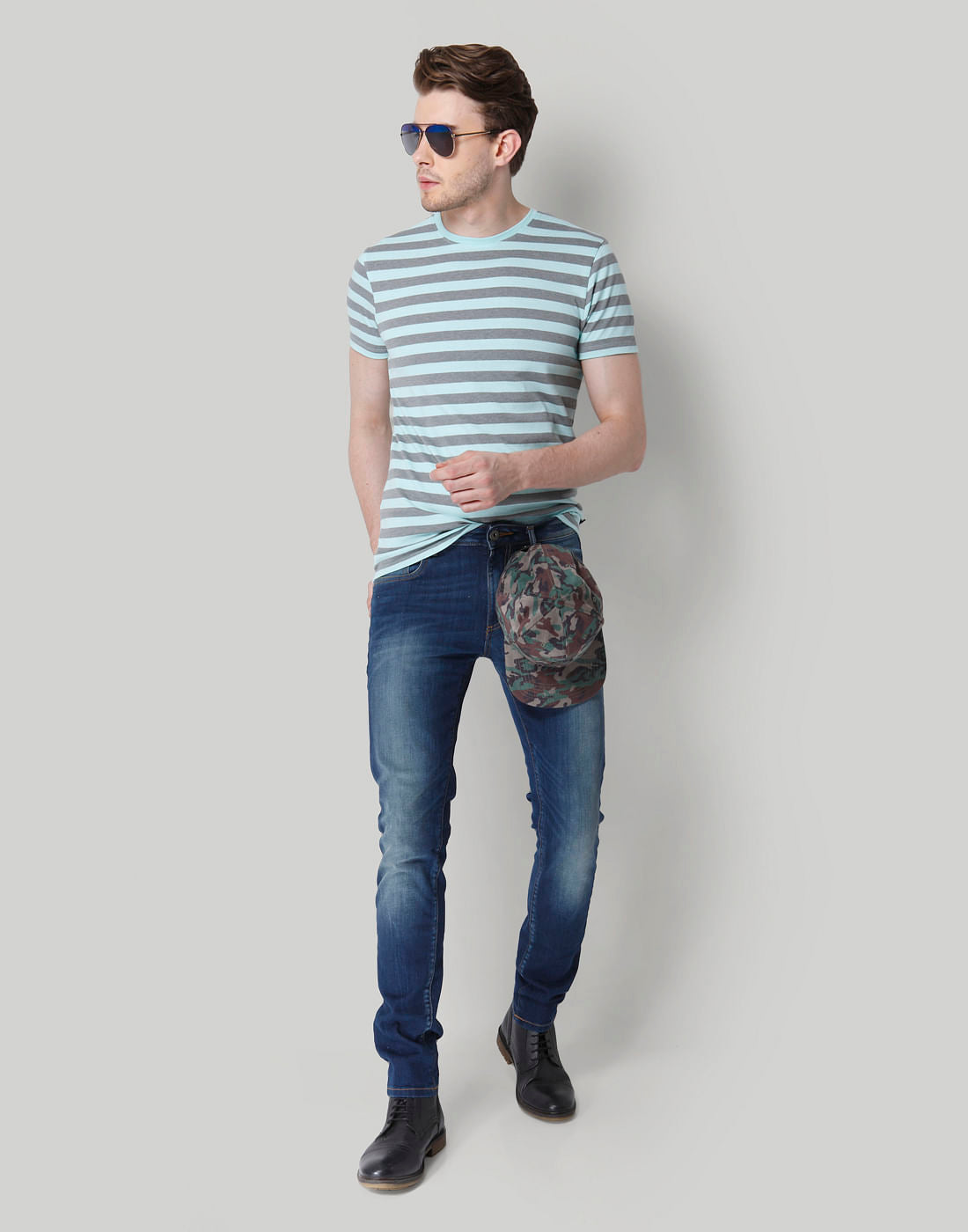 Grey Striped Crew Neck T-Shirt