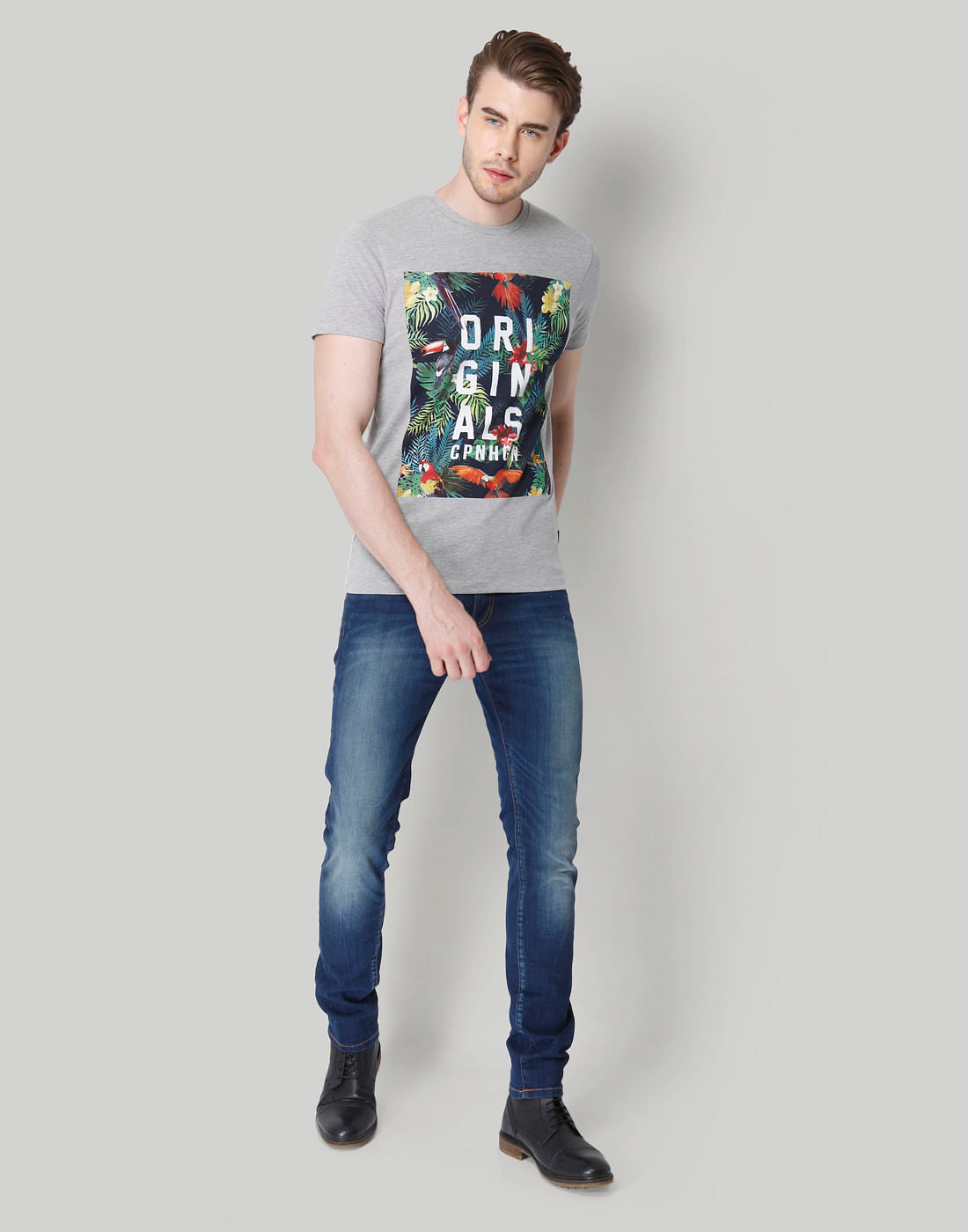 Grey Graphic Print Crew Neck T-Shirt