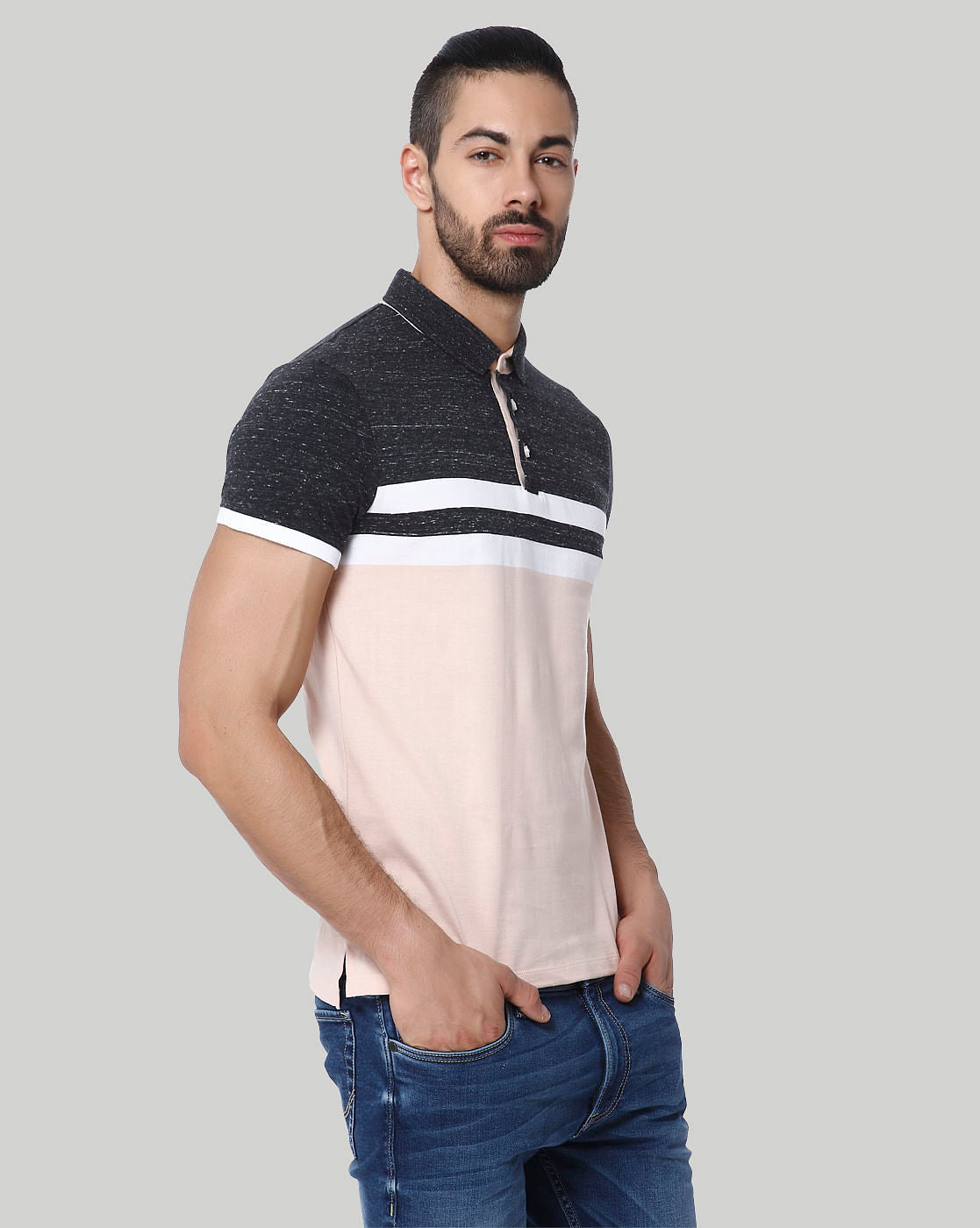 Light Peach Colour Blocked Striped Polo T-Shirt