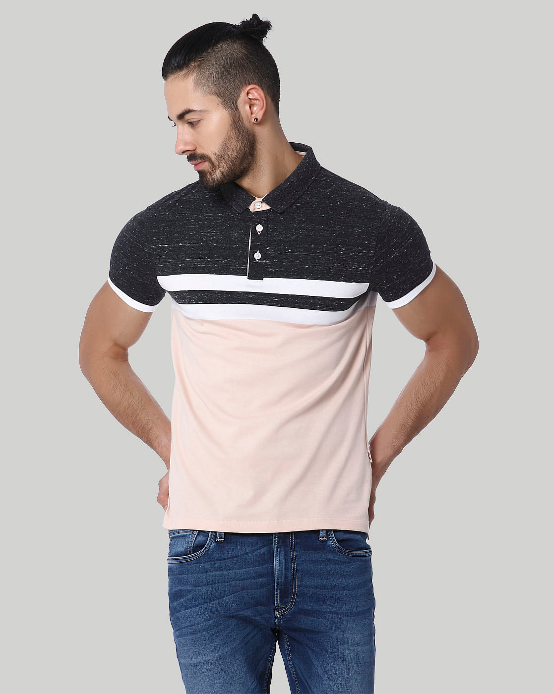 Light Peach Colour Blocked Striped Polo T-Shirt